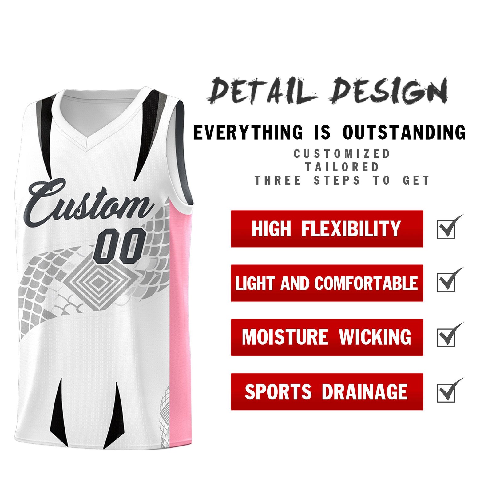 Custom White Light Pink Snake Scale Venomous Fang for Leagues Graffiti Pattern Basketball Suit Jersey