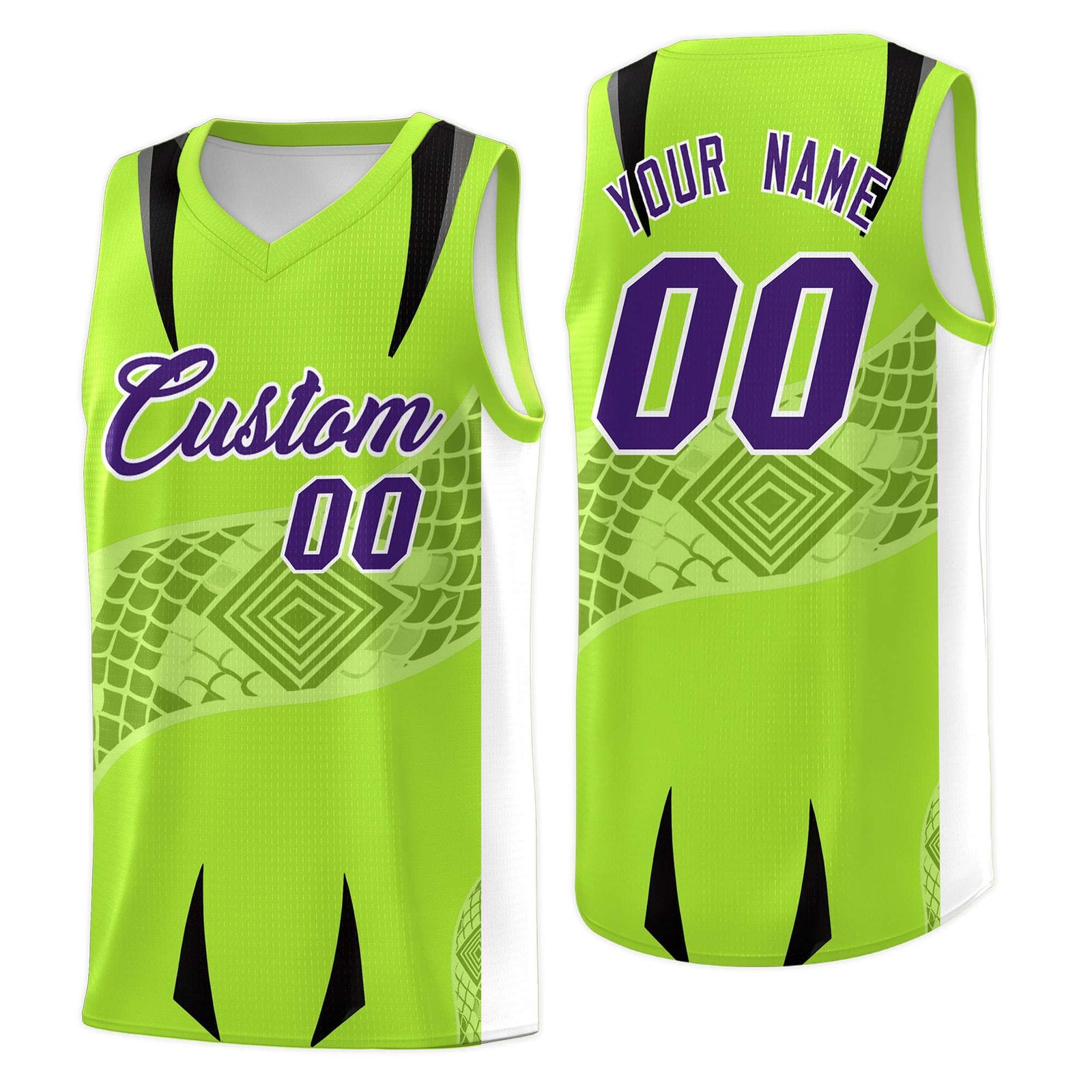 Custom Neon Green White Snake Scale Venomous Fang for Clubs Graffiti Pattern Basketball Suit Jersey
