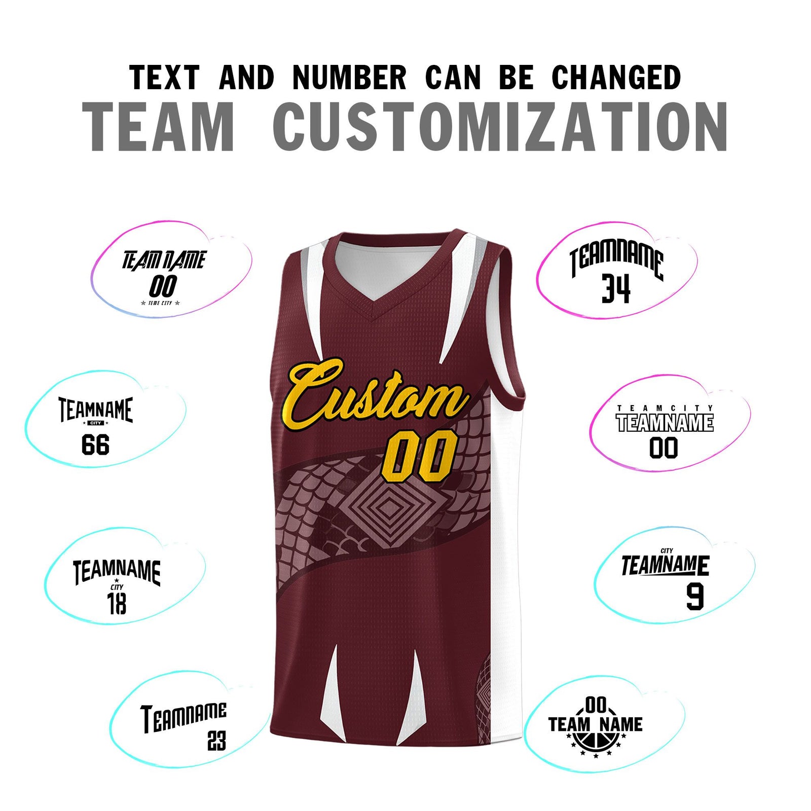 Custom Burgundy White Snake Scale Venomous Fang Drapable Graffiti Pattern Basketball Suit Jersey