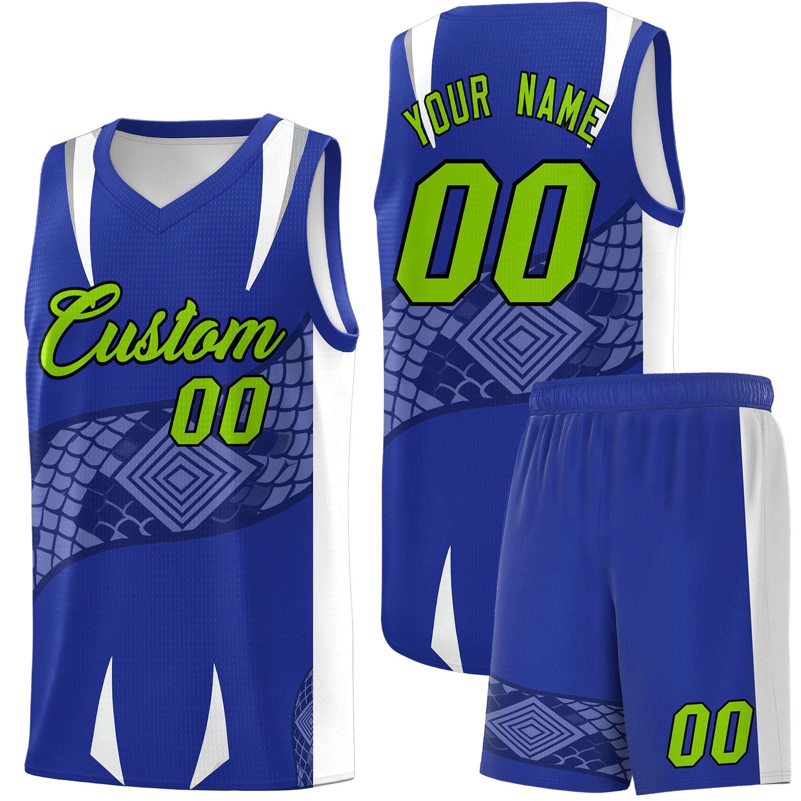 Custom Royal White Snake Scale Venomous Fang Drapable Graffiti Pattern Basketball Suit Jersey