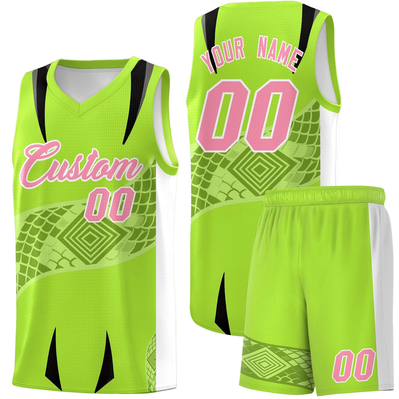 Custom Neon Green White Snake Scale Venomous Fang for Leagues Graffiti Pattern Basketball Suit Jersey