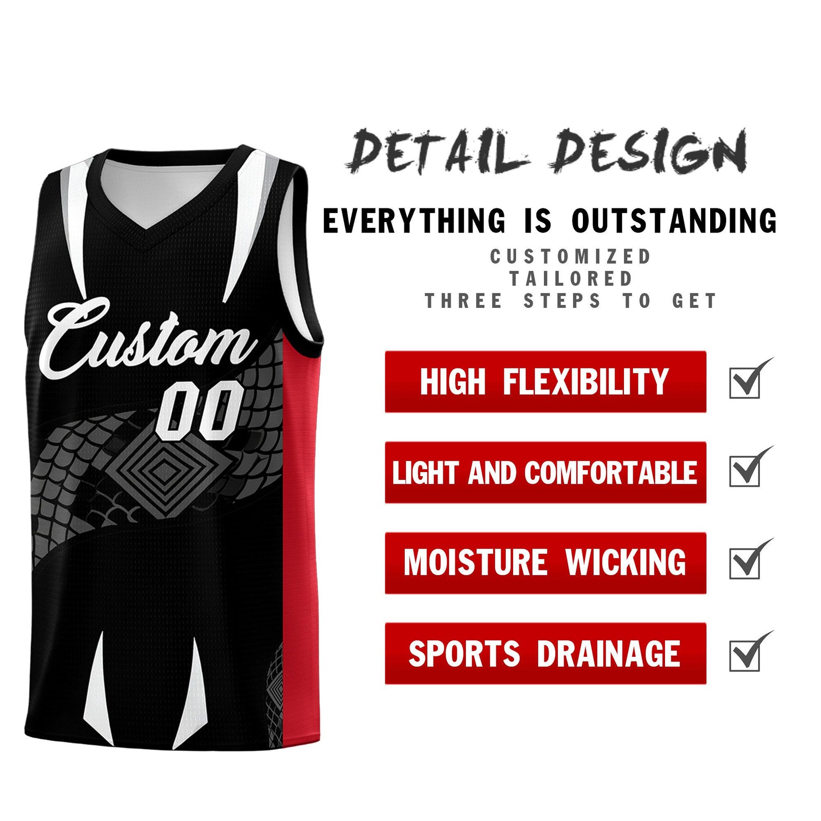 Custom Black Red Snake Scale Venomous Fang Breathable Graffiti Pattern Basketball Suit Jersey
