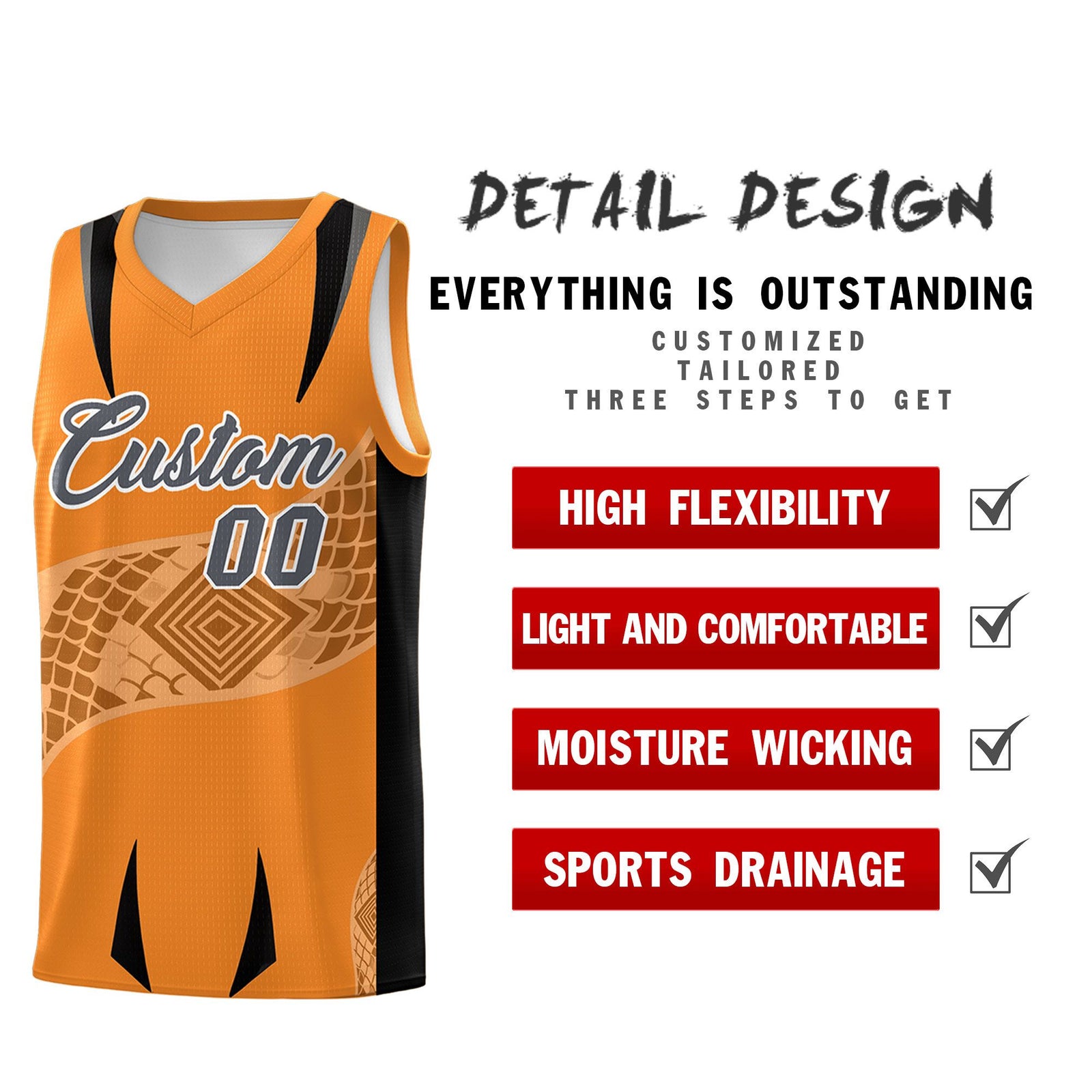 Custom Orange Black Snake Scale Venomous Fang for Clubs Graffiti Pattern Basketball Suit Jersey