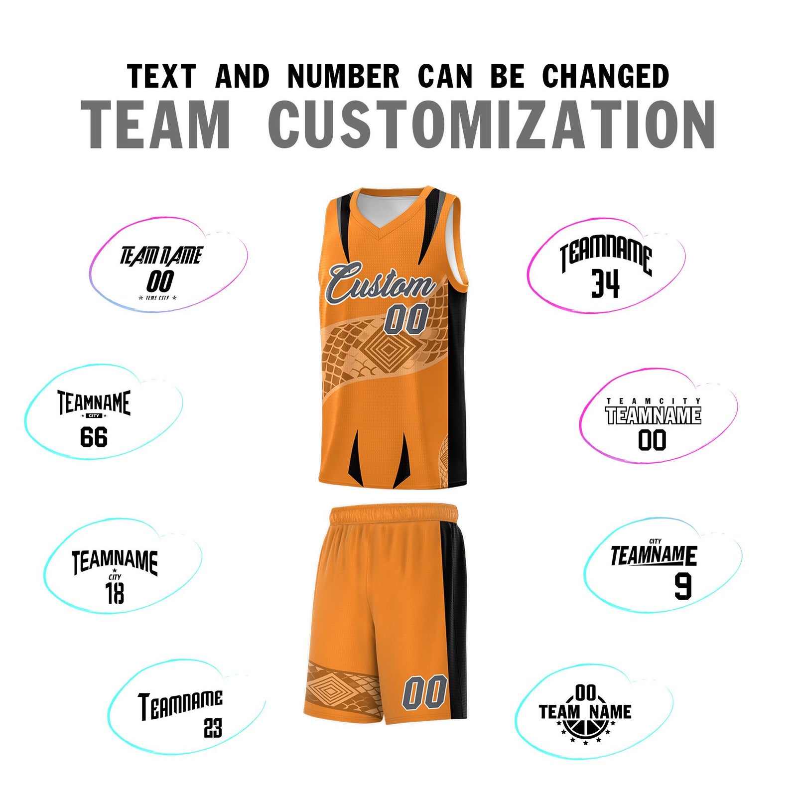 Custom Orange Black Snake Scale Venomous Fang for Clubs Graffiti Pattern Basketball Suit Jersey