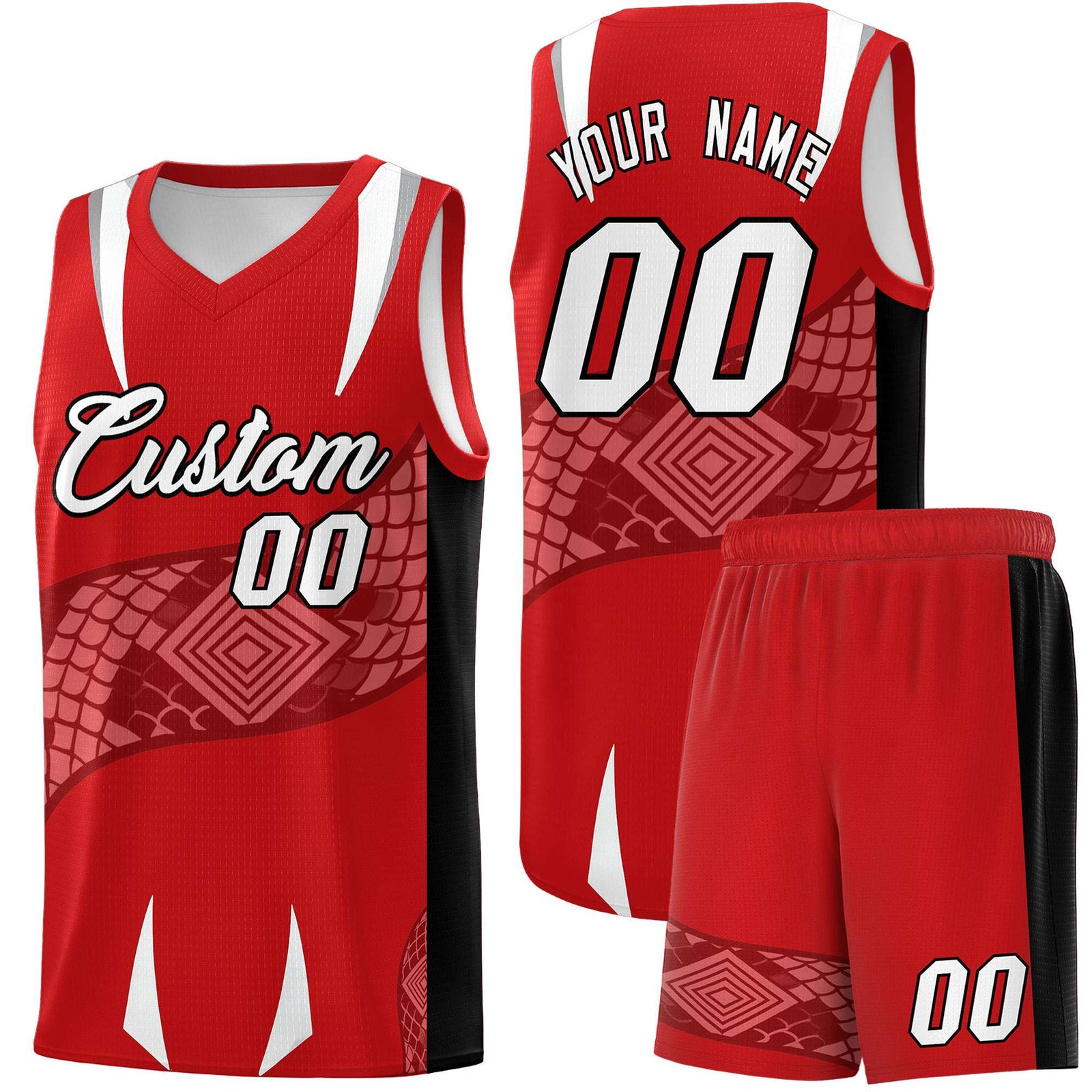 Custom Red Black Snake Scale Venomous Fang Drapable Graffiti Pattern Basketball Suit Jersey