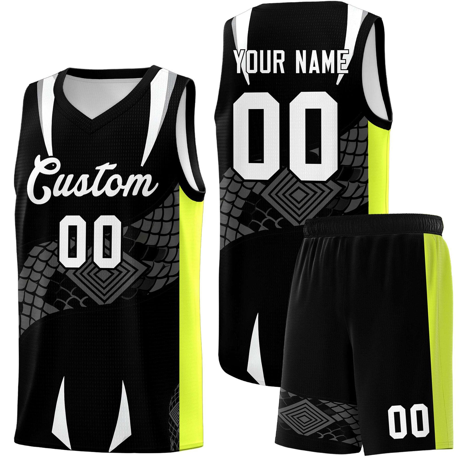 Custom Black Neon Green Snake Scale Venomous Fang Breathable Graffiti Pattern Basketball Suit Jersey