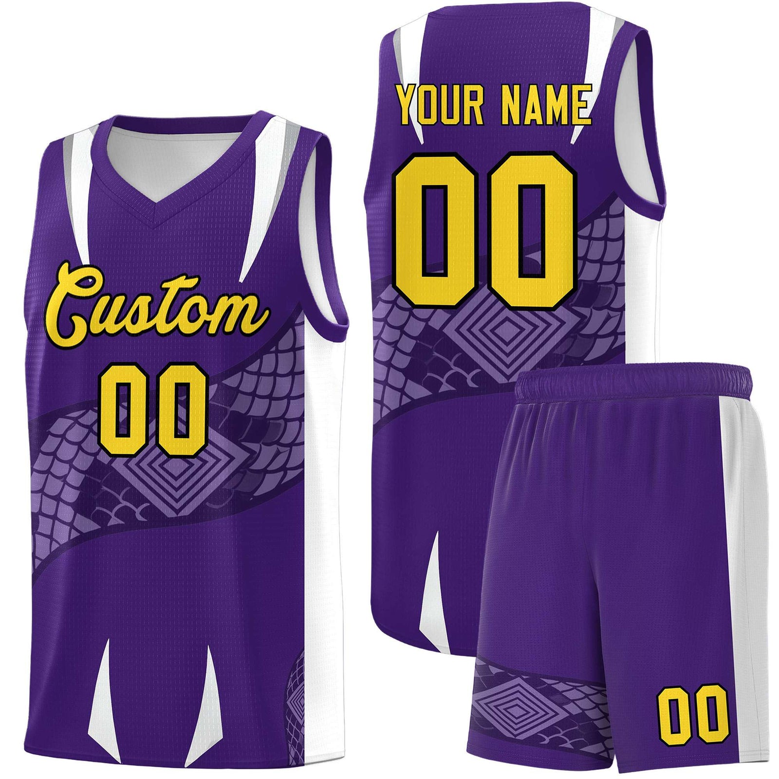 Custom Purple White Snake Scale Venomous Fang Drapable Graffiti Pattern Basketball Suit Jersey