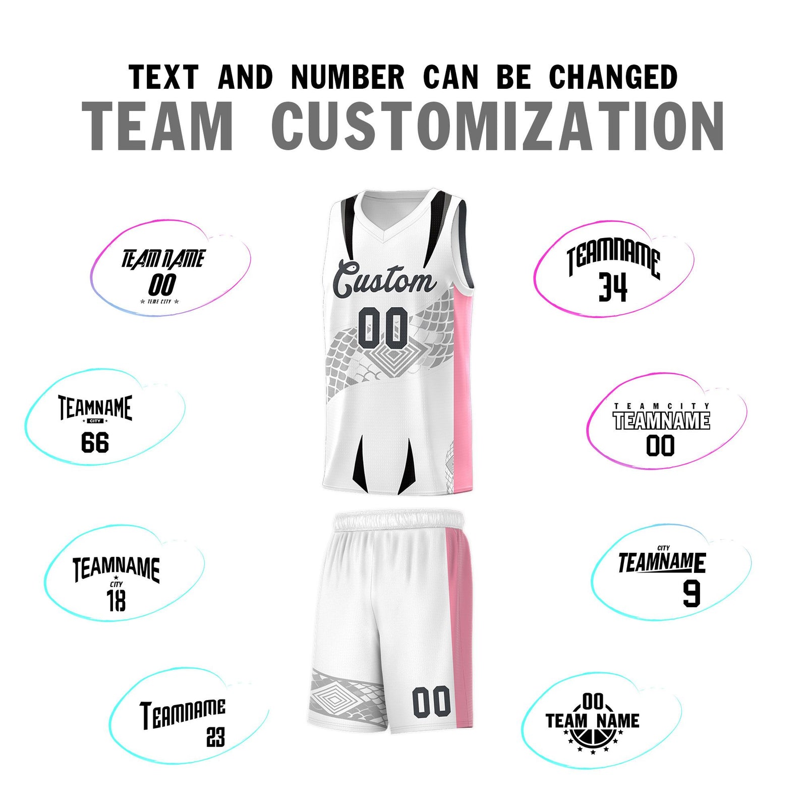 Custom White Light Pink Snake Scale Venomous Fang for Leagues Graffiti Pattern Basketball Suit Jersey