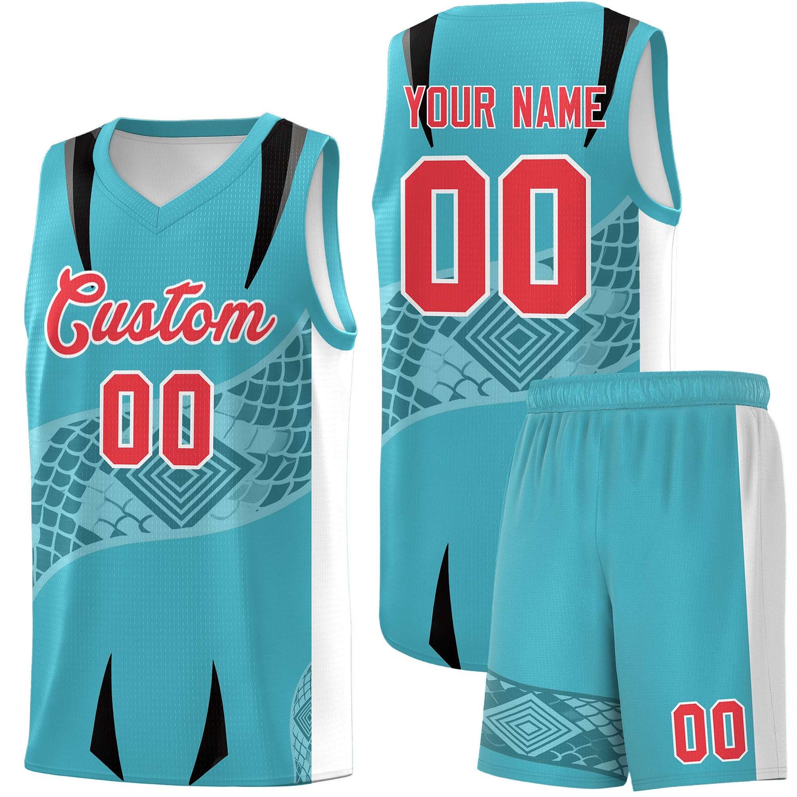 Custom Sky Blue White Snake Scale Venomous Fang for Team Graffiti Pattern Basketball Suit Jersey
