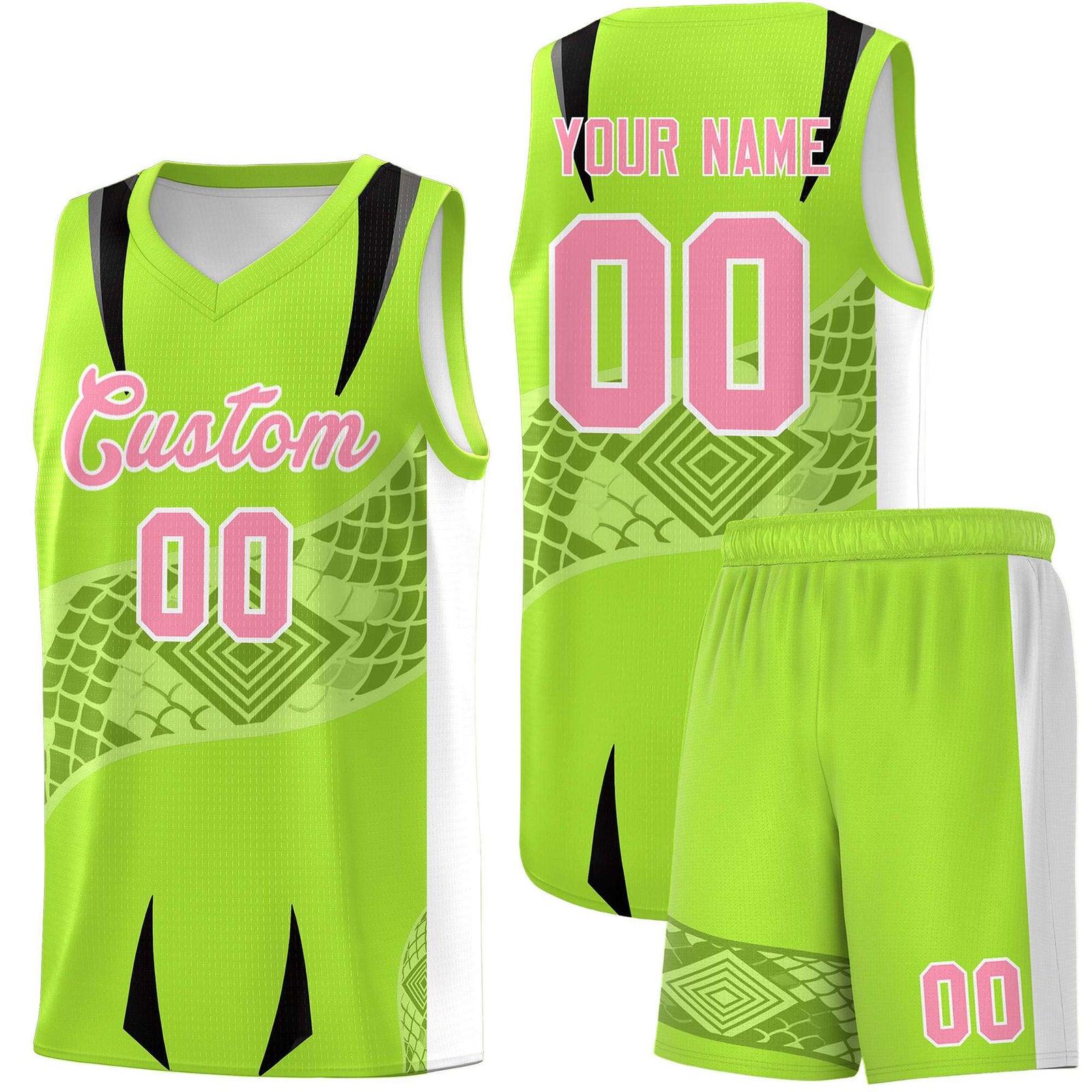 Custom Neon Green White Snake Scale Venomous Fang for Leagues Graffiti Pattern Basketball Suit Jersey