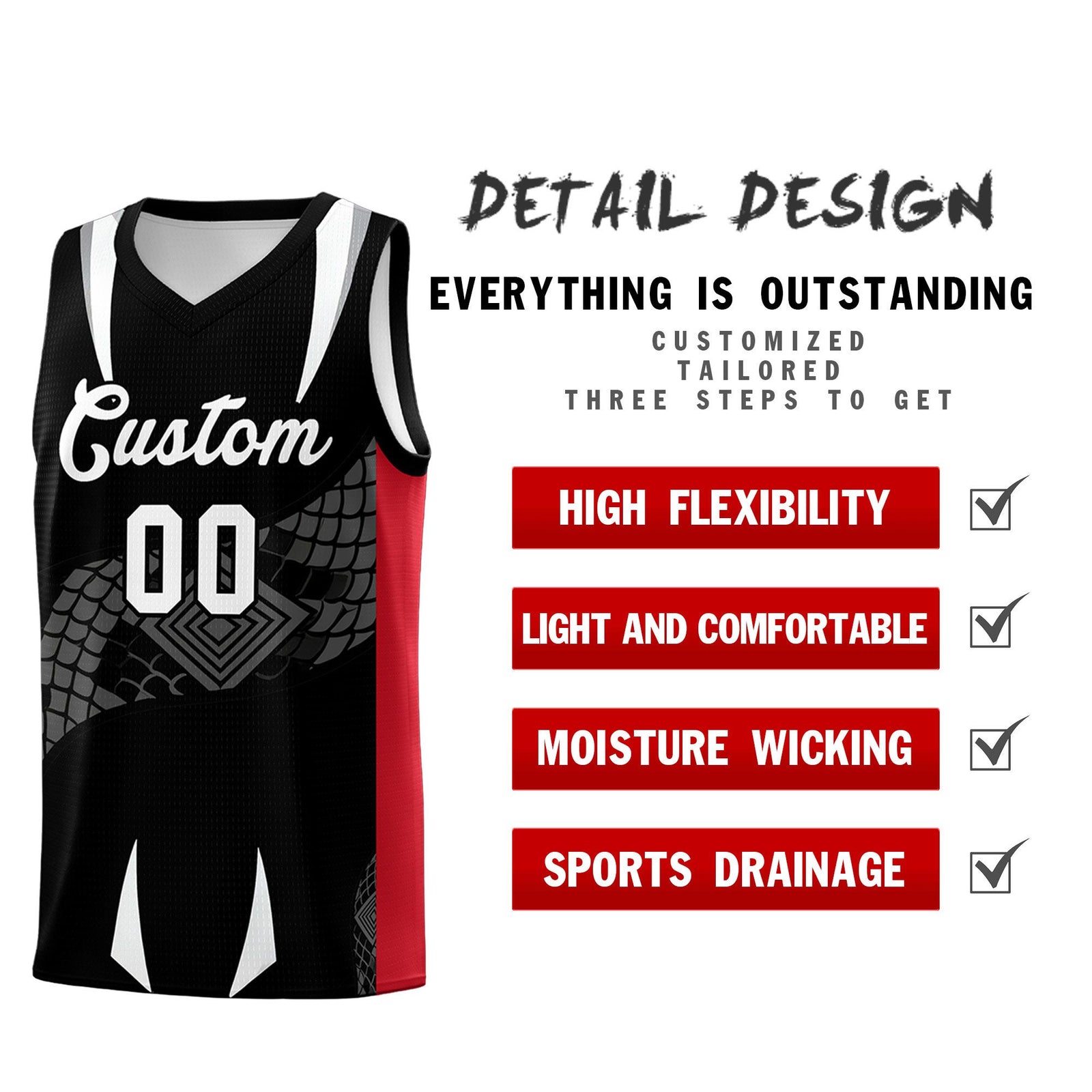 Custom Black Red Snake Scale Venomous Fang Breathable Graffiti Pattern Basketball Suit Jersey