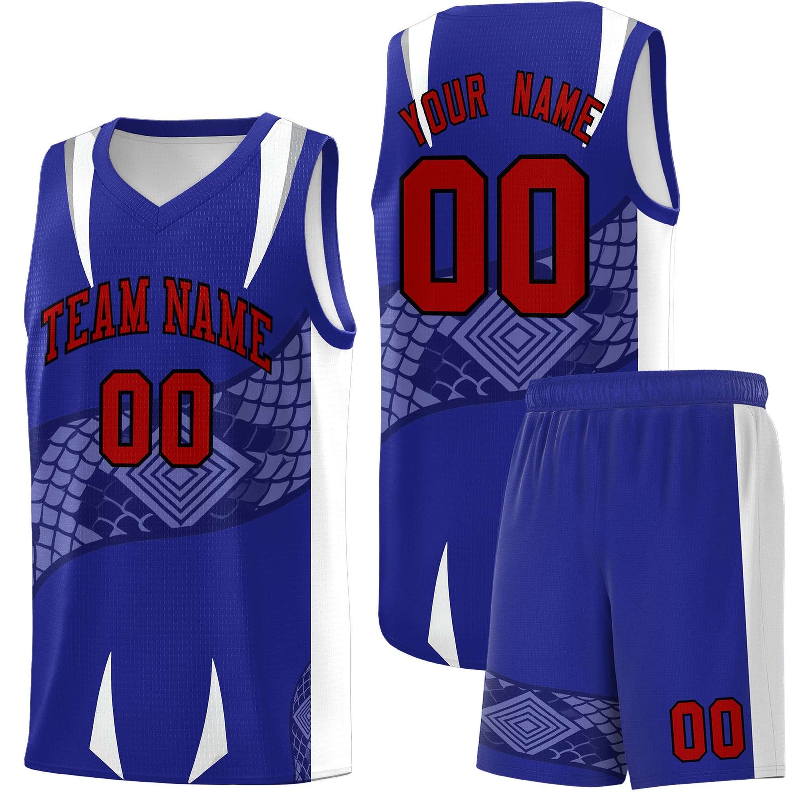 Custom Royal White Snake Scale Venomous Fang Drapable Graffiti Pattern Basketball Suit Jersey