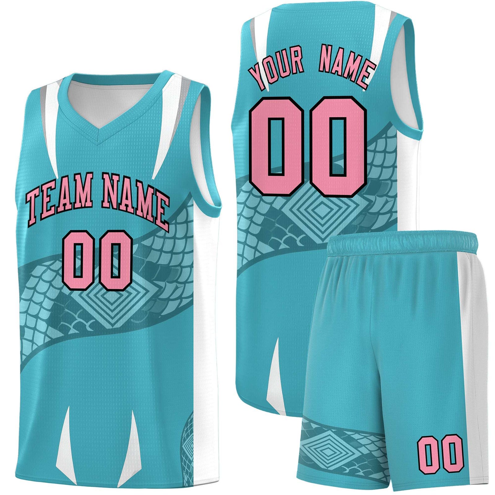 Custom Sky Blue White Snake Scale Venomous Fang Drapable Graffiti Pattern Basketball Suit Jersey