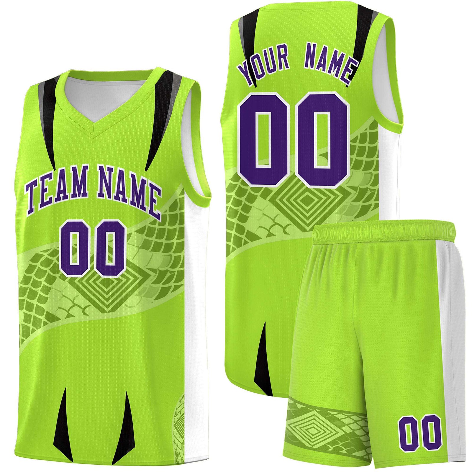 Custom Neon Green White Snake Scale Venomous Fang for Clubs Graffiti Pattern Basketball Suit Jersey