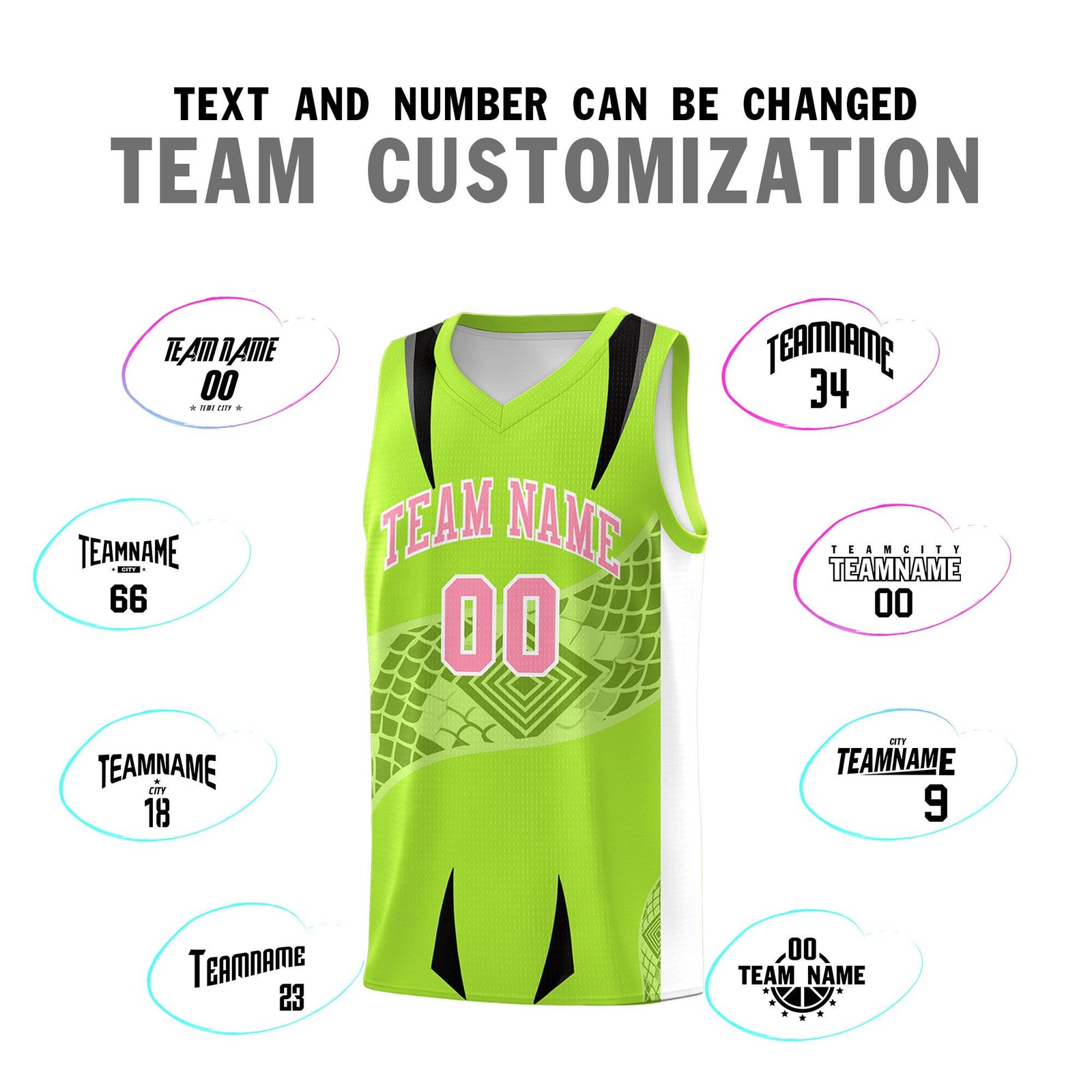 Custom Neon Green White Snake Scale Venomous Fang for Leagues Graffiti Pattern Basketball Suit Jersey