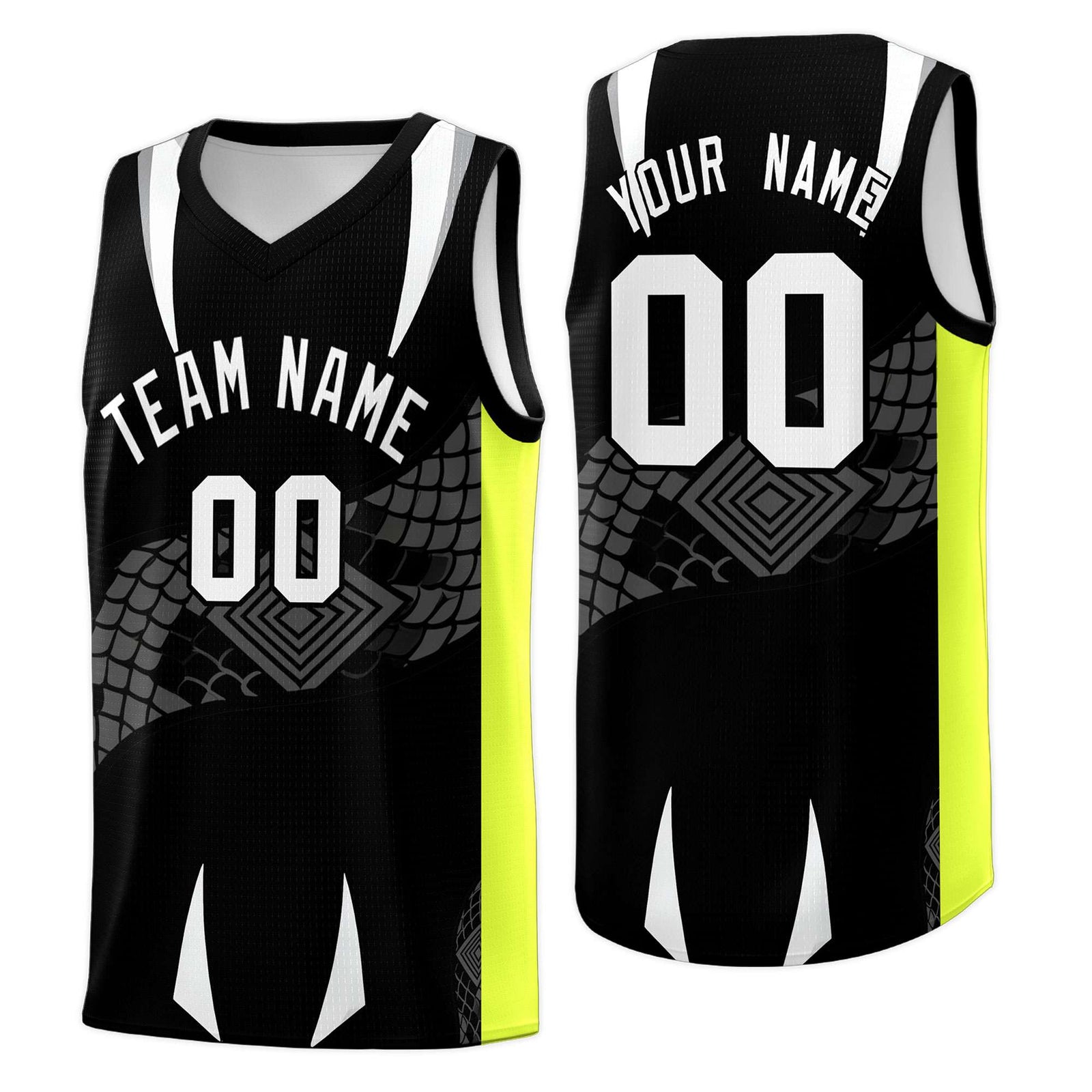 Custom Black Neon Green Snake Scale Venomous Fang Breathable Graffiti Pattern Basketball Suit Jersey