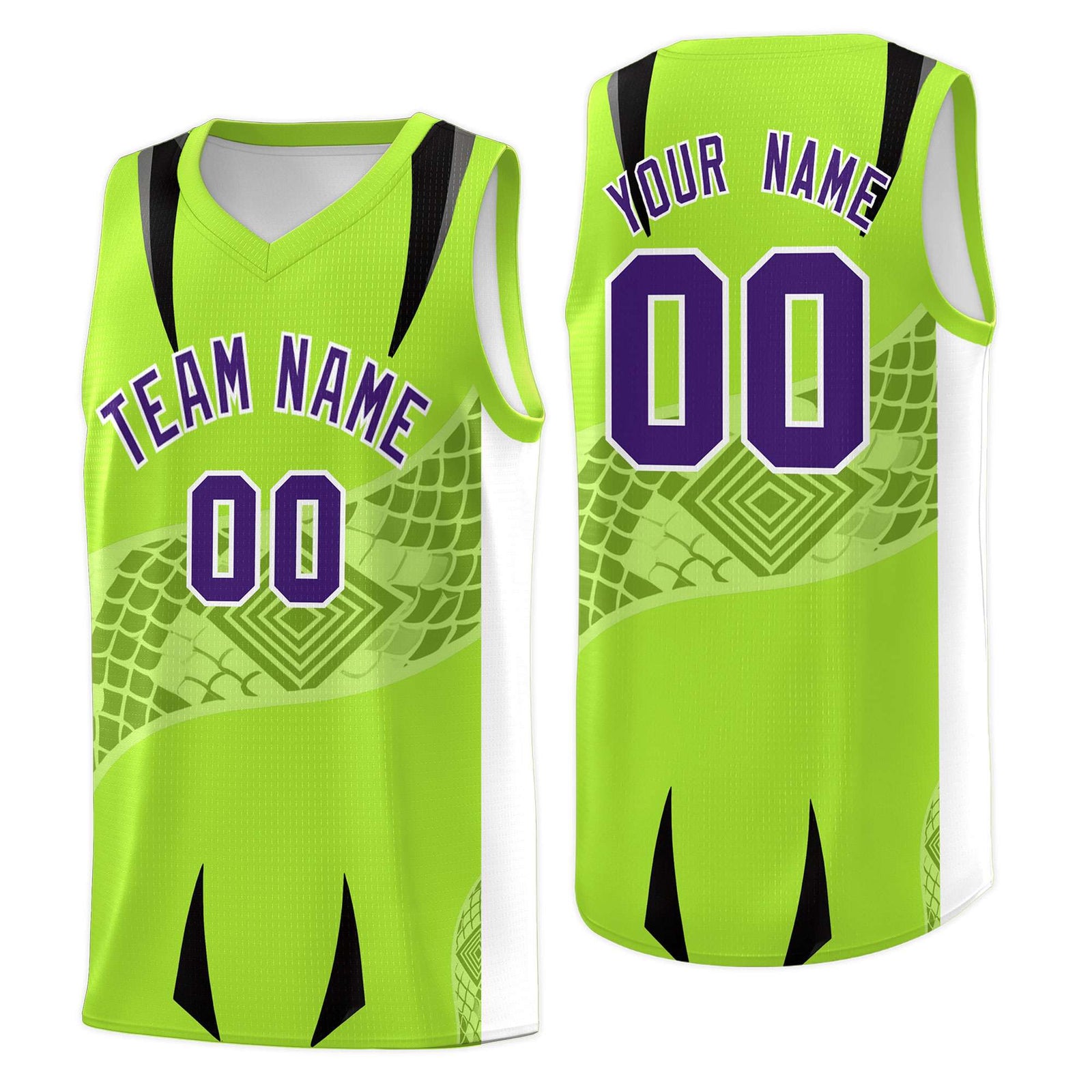 Custom Neon Green White Snake Scale Venomous Fang for Clubs Graffiti Pattern Basketball Suit Jersey
