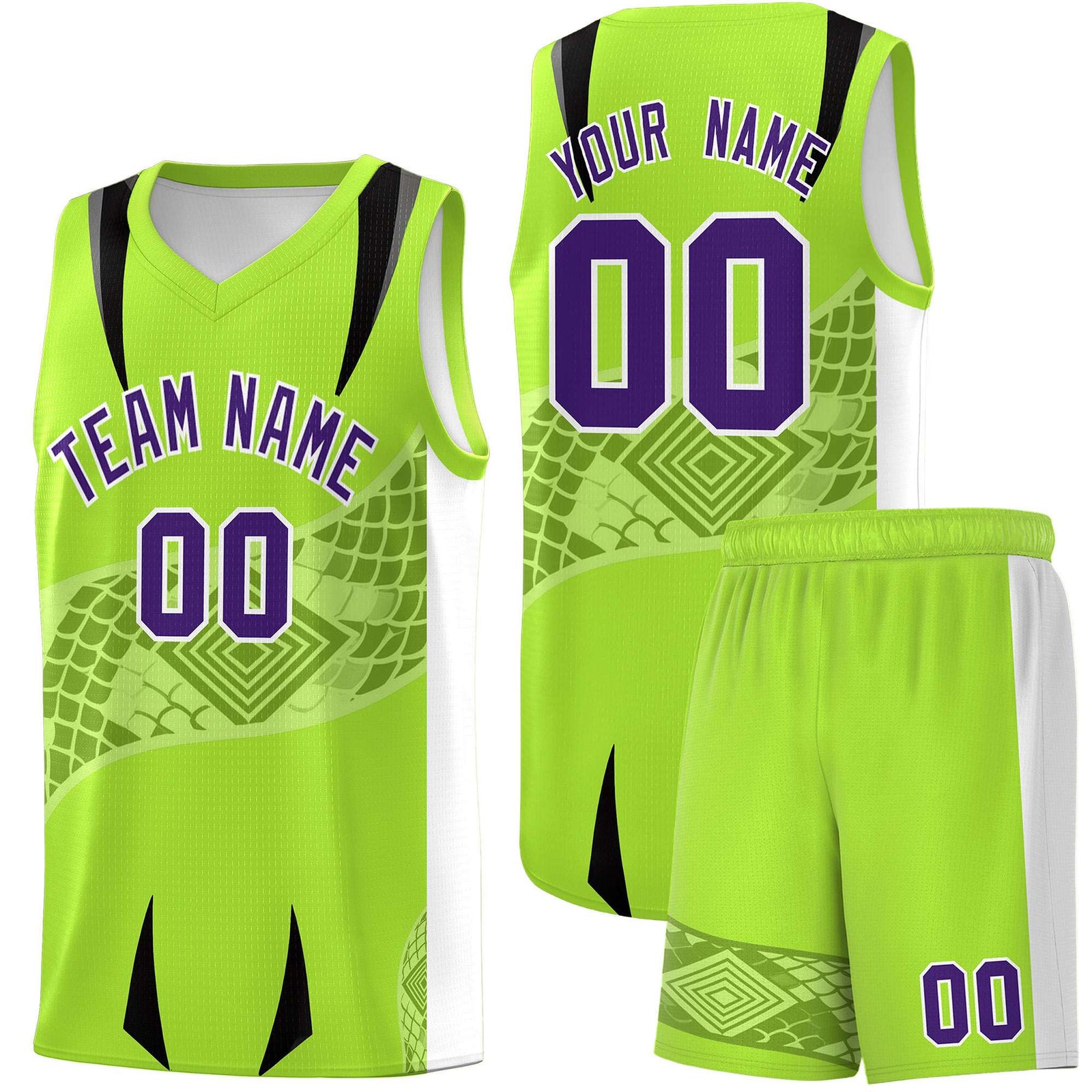 Custom Neon Green White Snake Scale Venomous Fang for Clubs Graffiti Pattern Basketball Suit Jersey