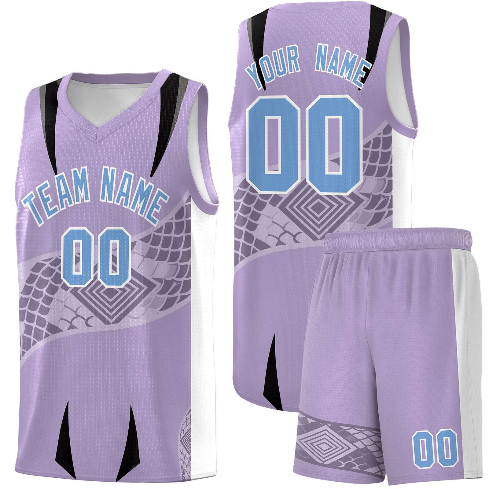 Custom Light Purple White Snake Scale Venomous Fang for Team Graffiti Pattern Basketball Suit Jersey