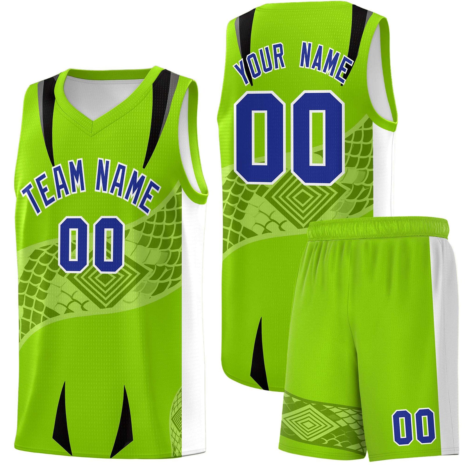 Custom Neon Green White Snake Scale Venomous Fang for Leagues Graffiti Pattern Basketball Suit Jersey