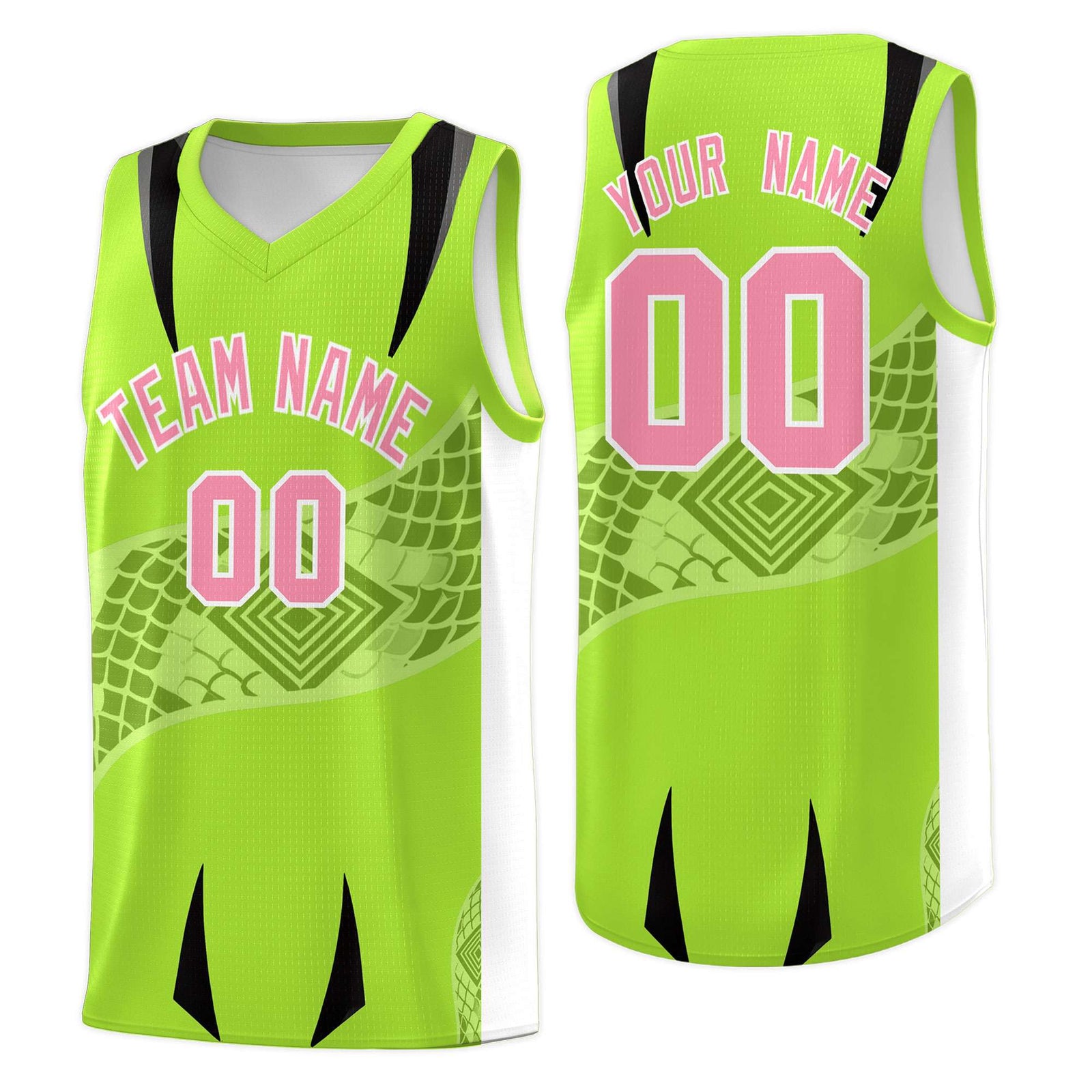 Custom Neon Green White Snake Scale Venomous Fang for Leagues Graffiti Pattern Basketball Suit Jersey