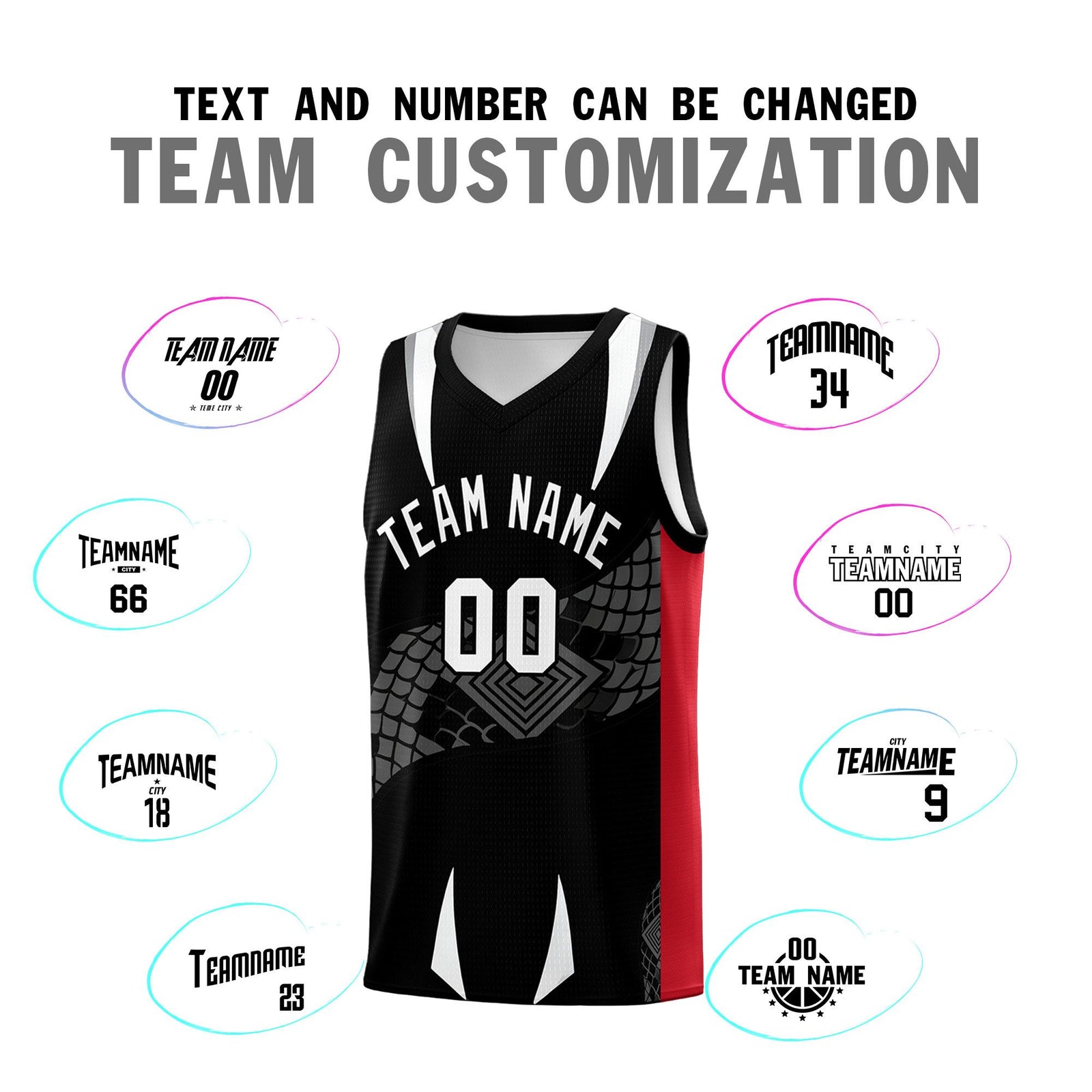 Custom Black Red Snake Scale Venomous Fang Breathable Graffiti Pattern Basketball Suit Jersey