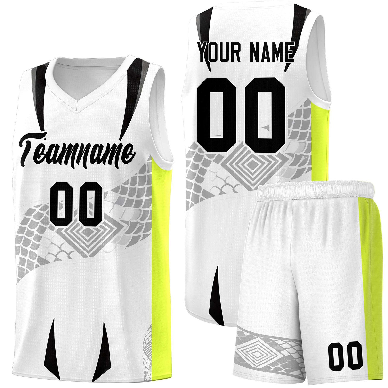 Custom White Neon Green Snake Scale Venomous Fang for Clubs Graffiti Pattern Basketball Suit Jersey