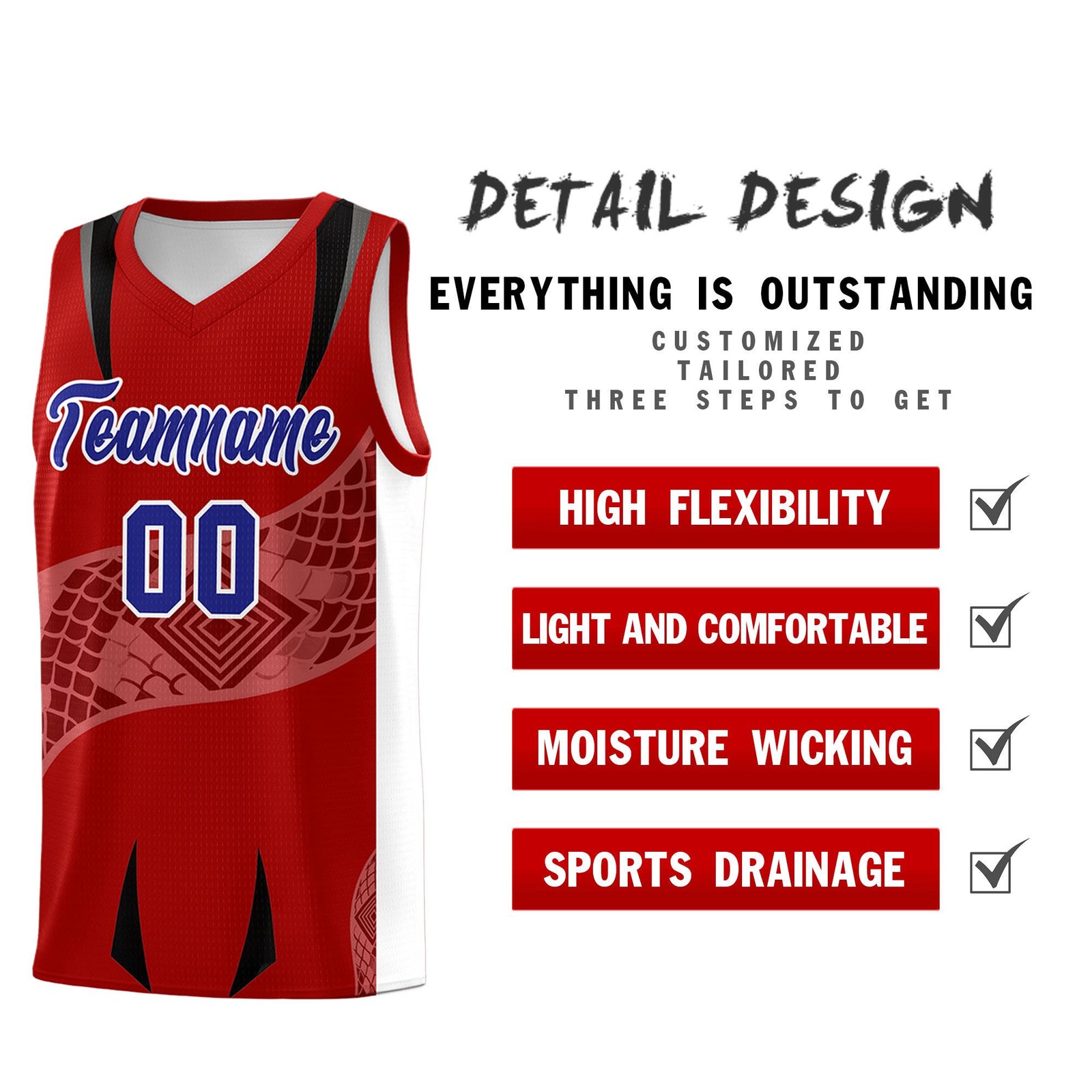Custom Red White Snake Scale Venomous Fang for Leagues Graffiti Pattern Basketball Suit Jersey