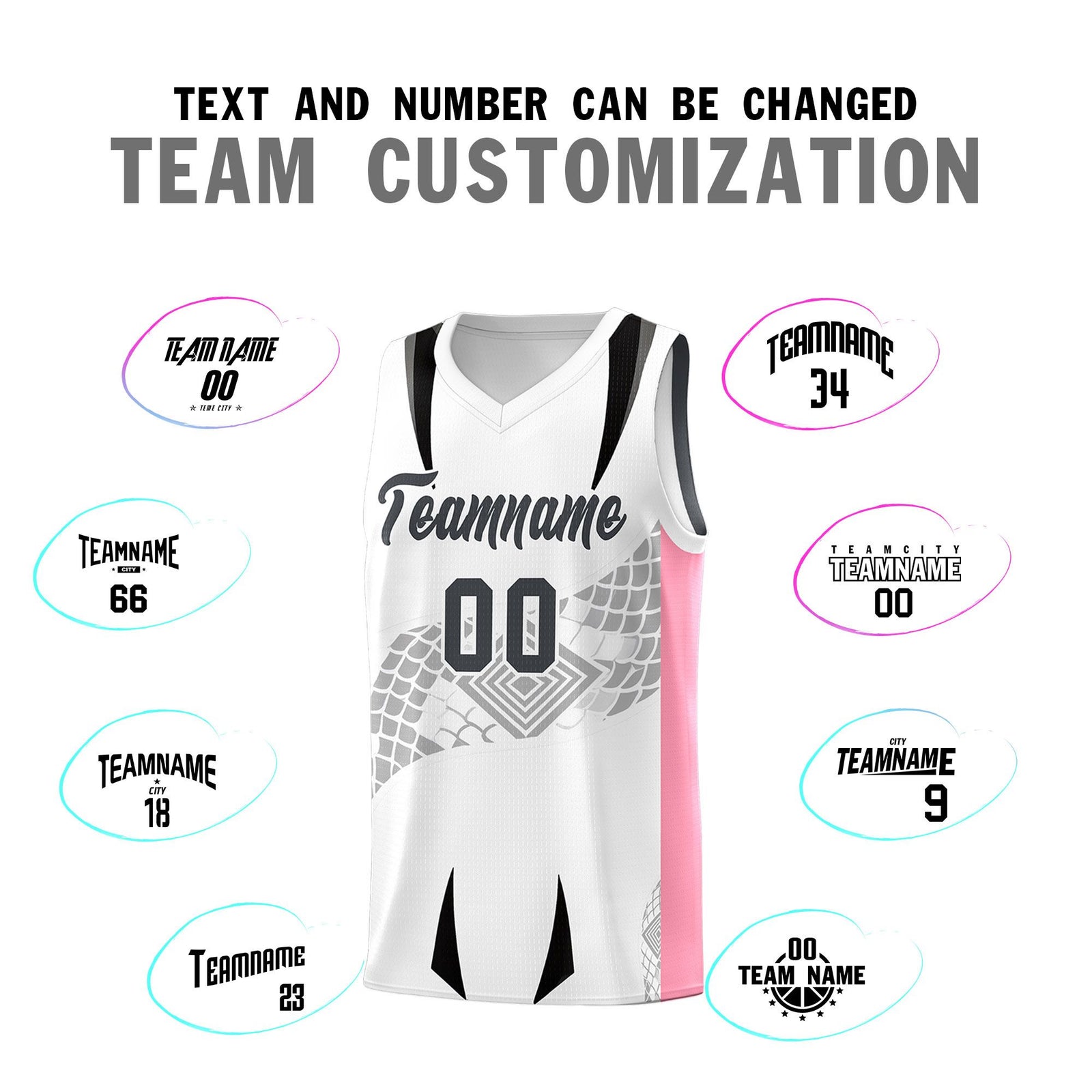 Custom White Light Pink Snake Scale Venomous Fang for Leagues Graffiti Pattern Basketball Suit Jersey