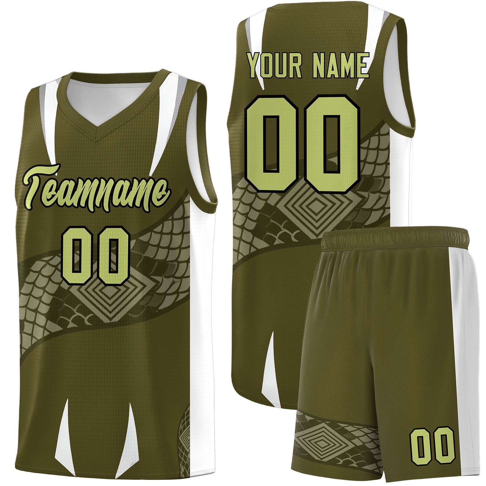 Custom Olive White Snake Scale Venomous Fang Breathable Graffiti Pattern Basketball Suit Jersey