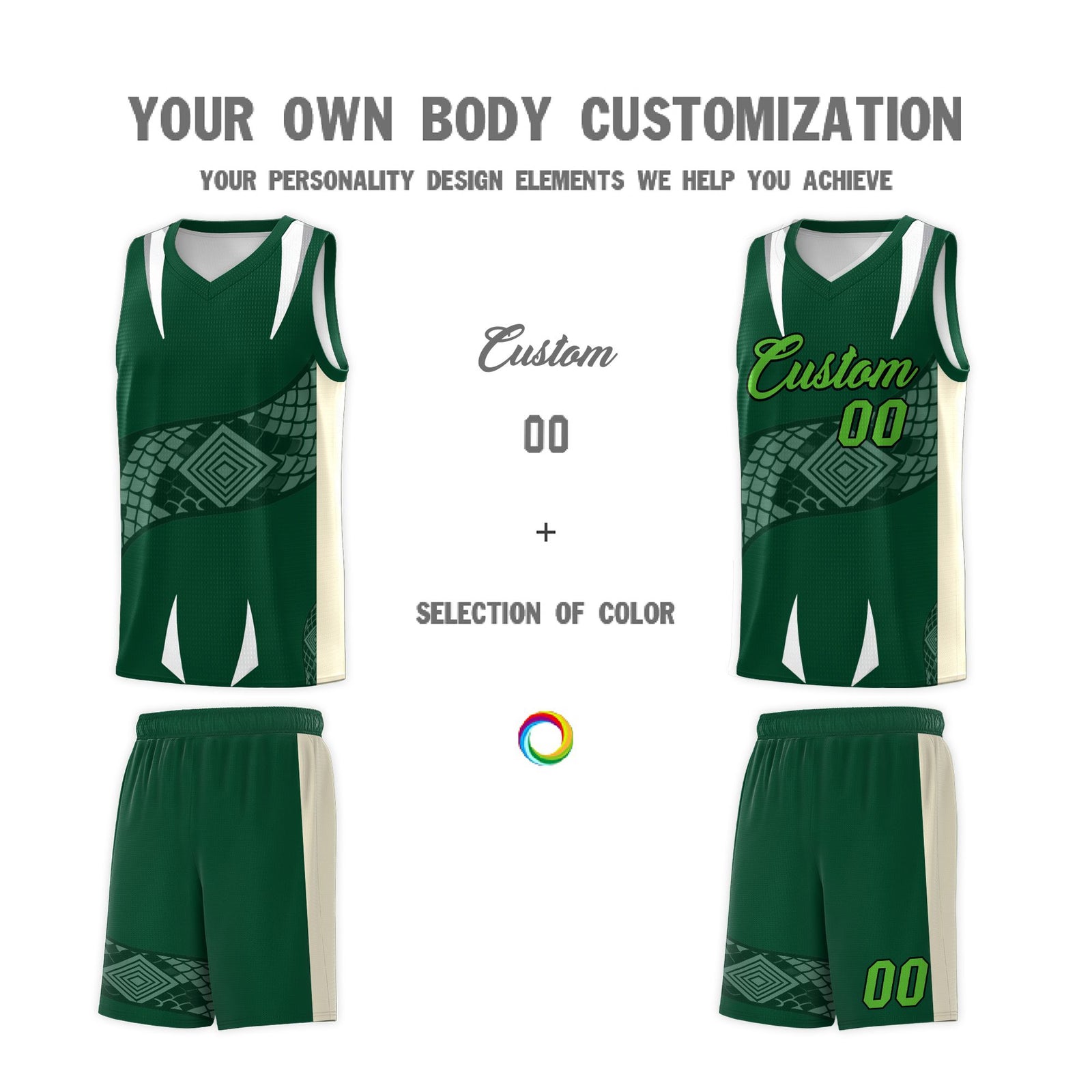 Custom Green Cream Snake Scale Venomous Fang Lightweight Graffiti Pattern Basketball Suit Jersey
