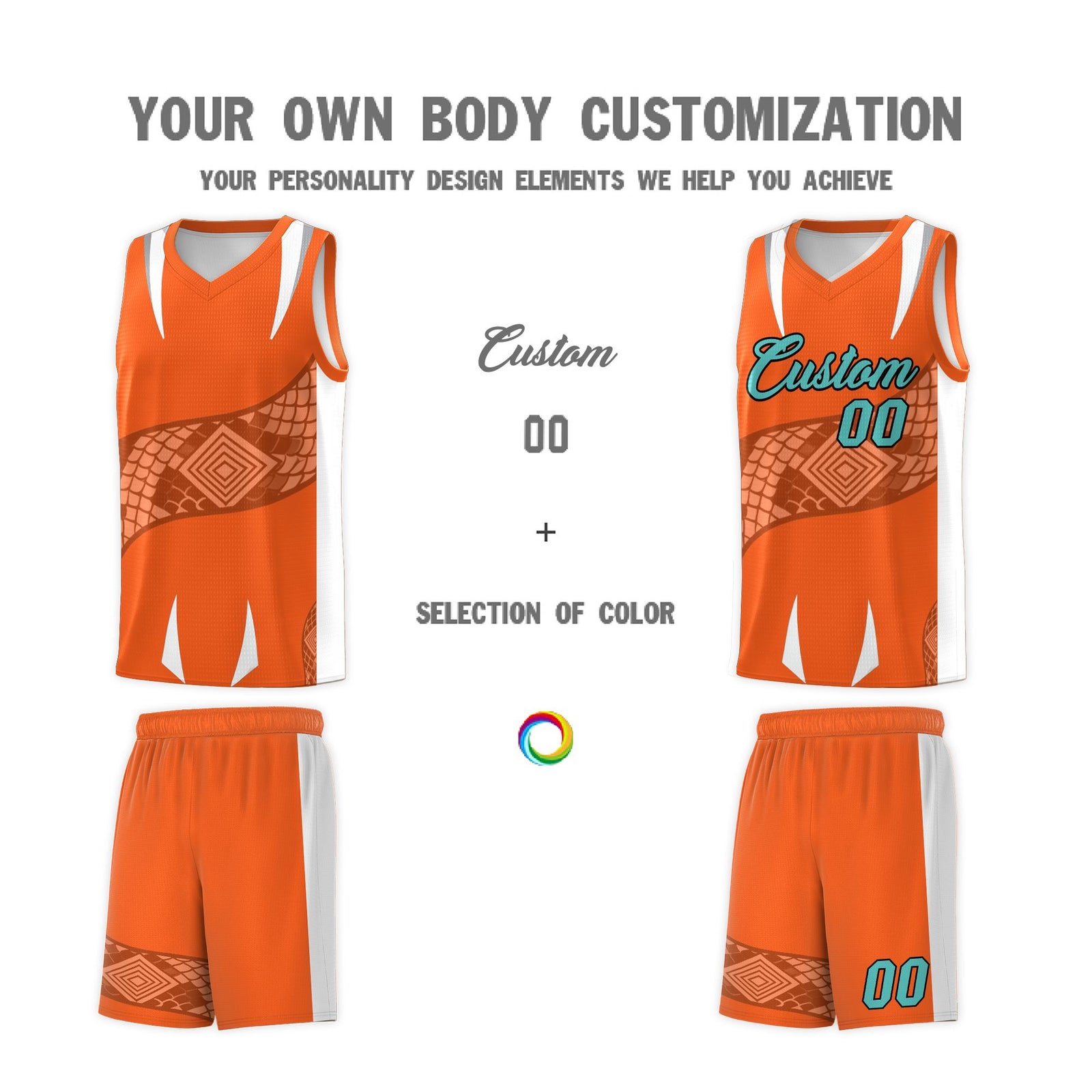 Custom Orange White Snake Scale Venomous Fang Lightweight Graffiti Pattern Basketball Suit Jersey
