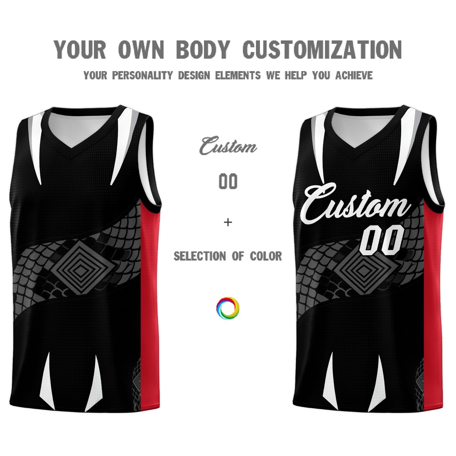 Custom Black Red Snake Scale Venomous Fang Breathable Graffiti Pattern Basketball Suit Jersey