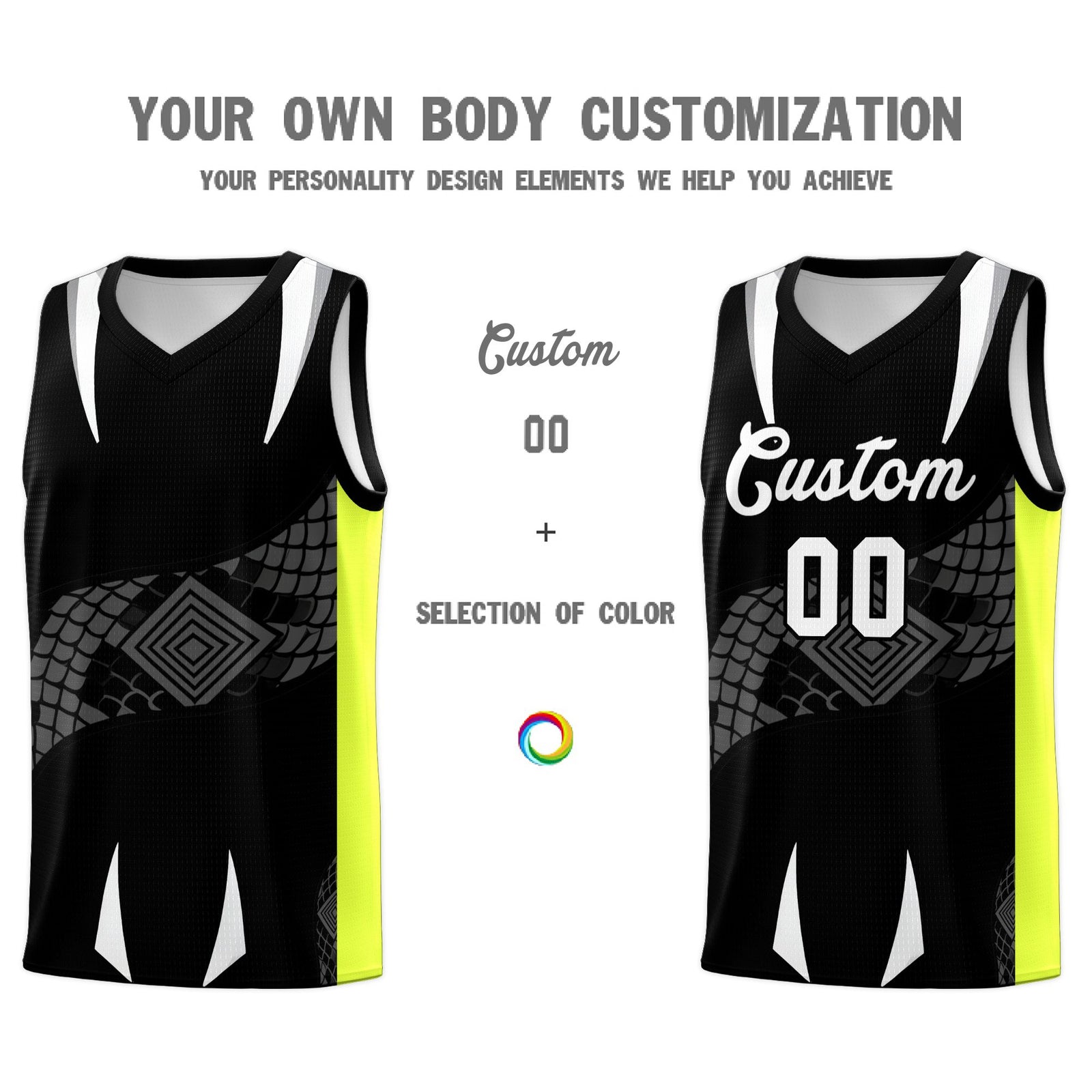 Custom Black Neon Green Snake Scale Venomous Fang Breathable Graffiti Pattern Basketball Suit Jersey