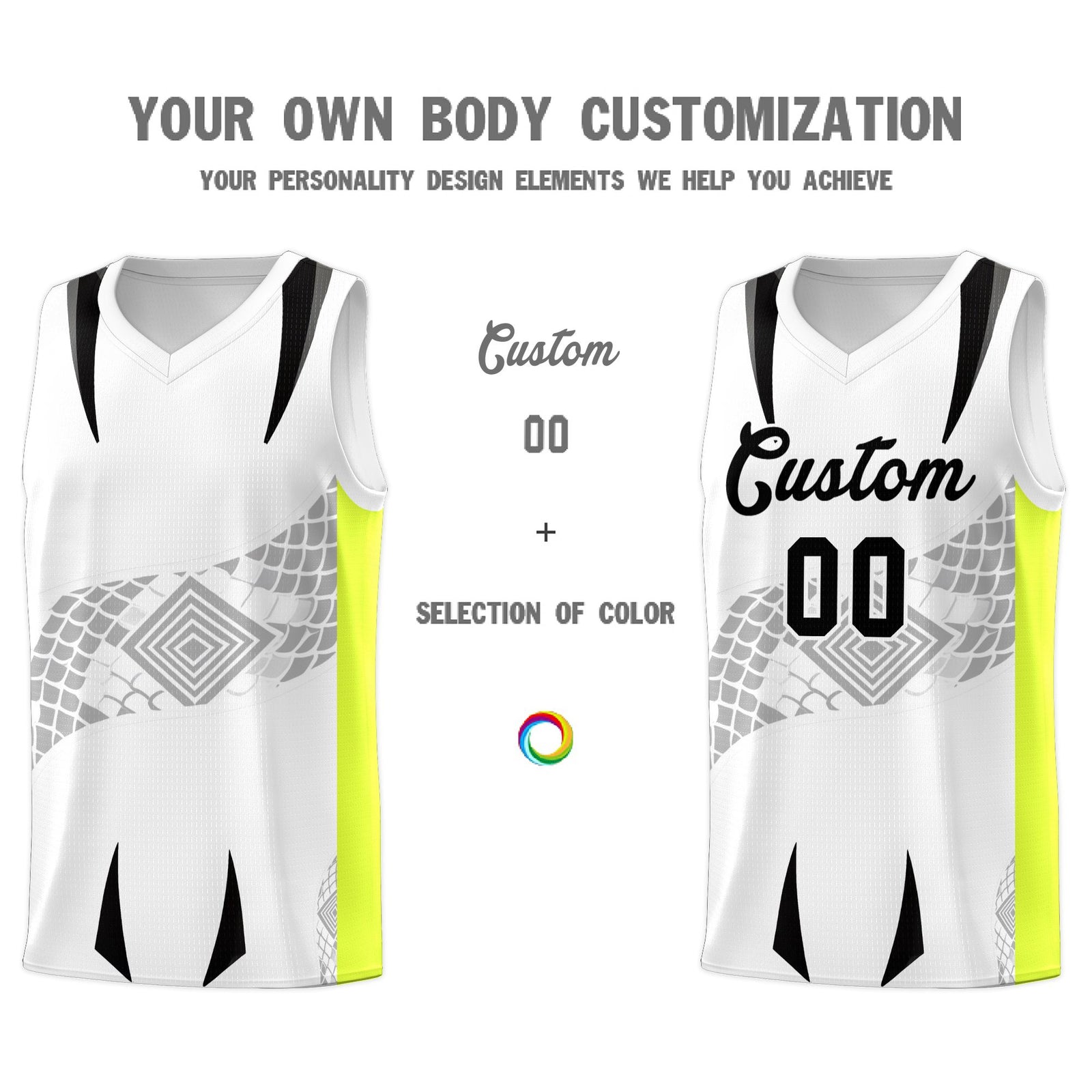 Custom White Neon Green Snake Scale Venomous Fang for Clubs Graffiti Pattern Basketball Suit Jersey