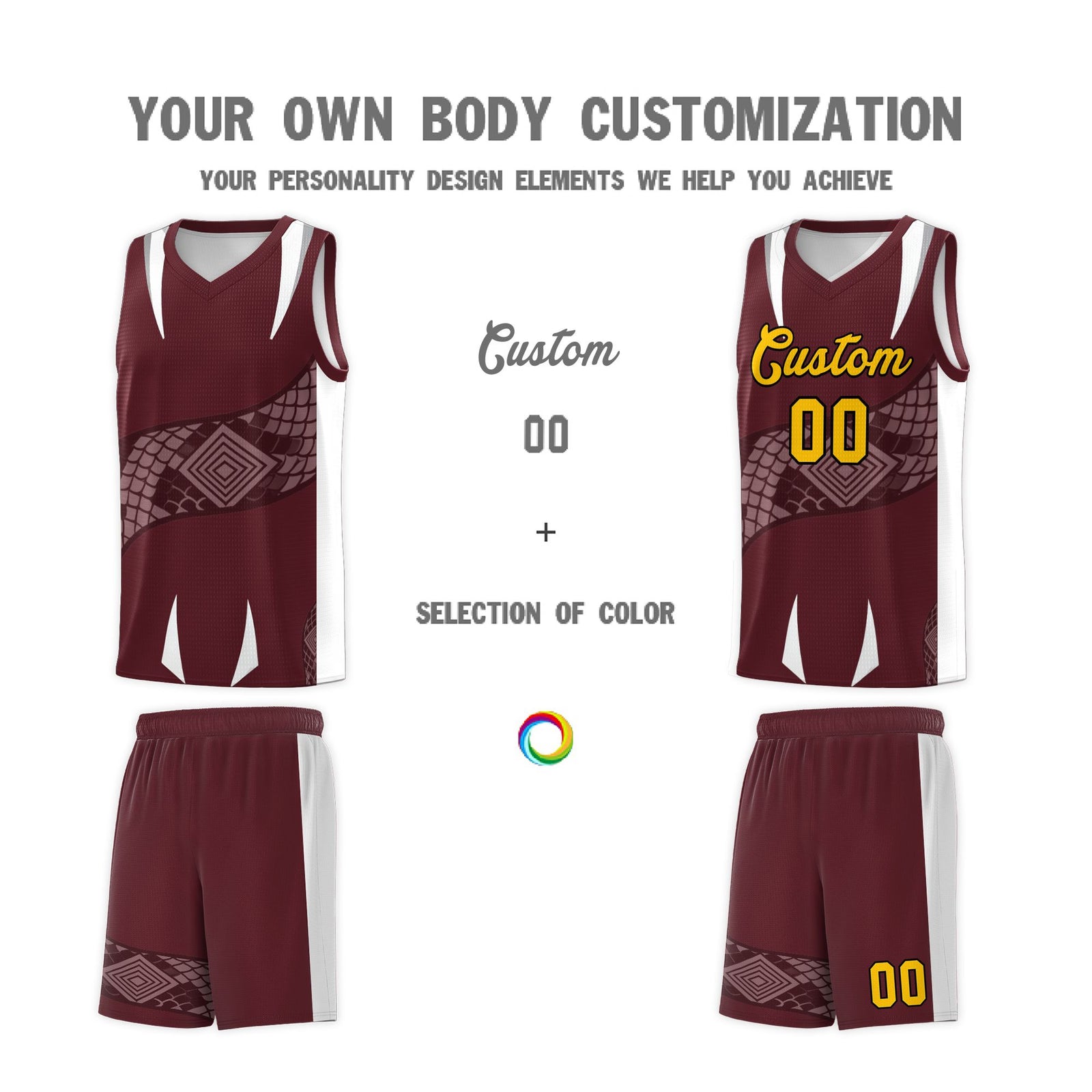 Custom Burgundy White Snake Scale Venomous Fang Drapable Graffiti Pattern Basketball Suit Jersey