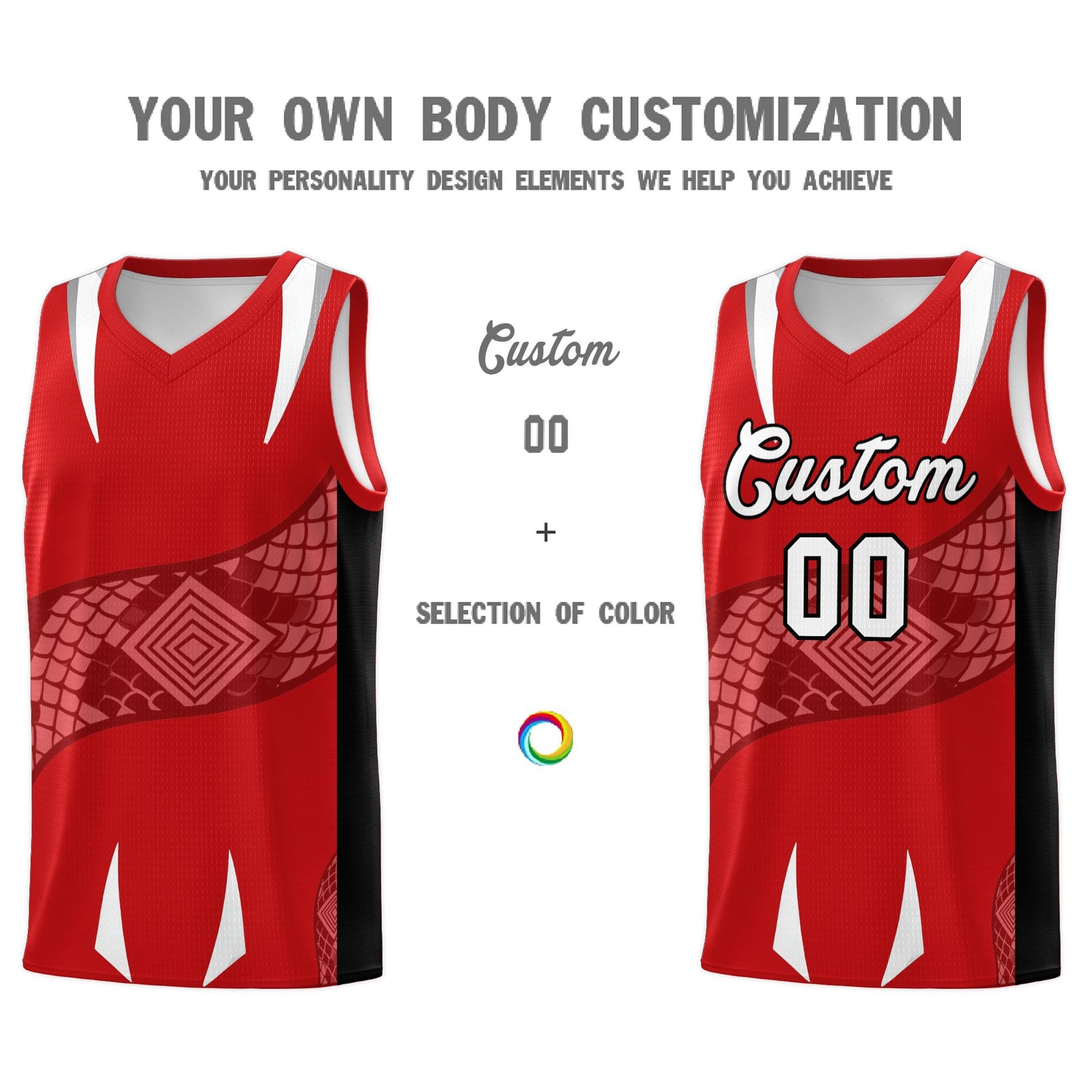 Custom Red Black Snake Scale Venomous Fang Drapable Graffiti Pattern Basketball Suit Jersey