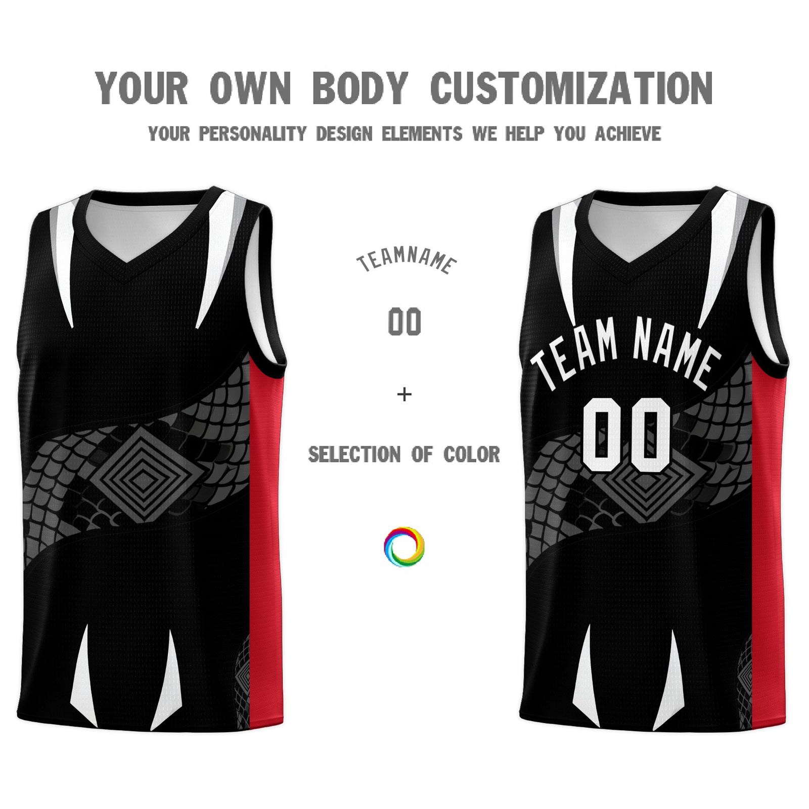 Custom Black Red Snake Scale Venomous Fang Breathable Graffiti Pattern Basketball Suit Jersey