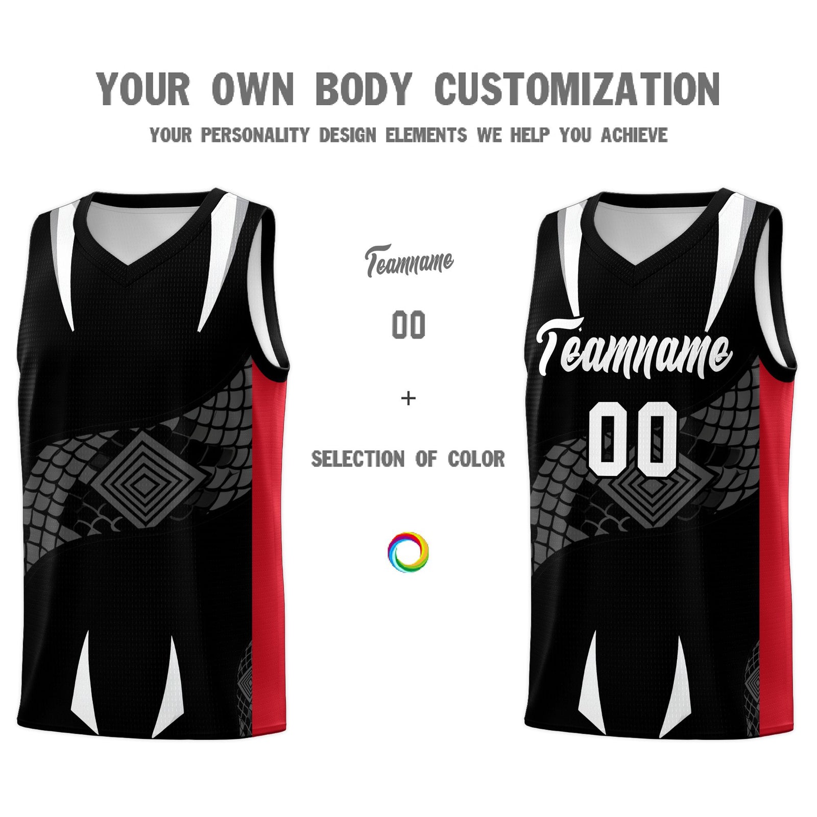 Custom Black Red Snake Scale Venomous Fang Breathable Graffiti Pattern Basketball Suit Jersey