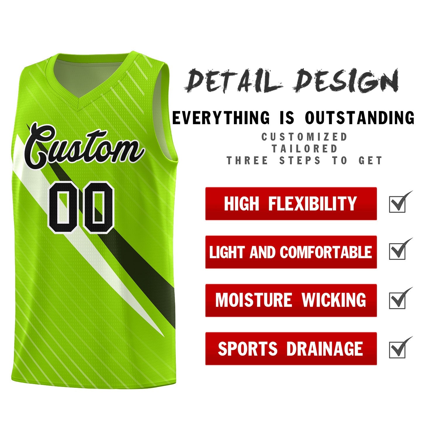 Custom Neon Green Diagonal Pinstripe Pattern Color Block Sports Uniform Basketball Jersey