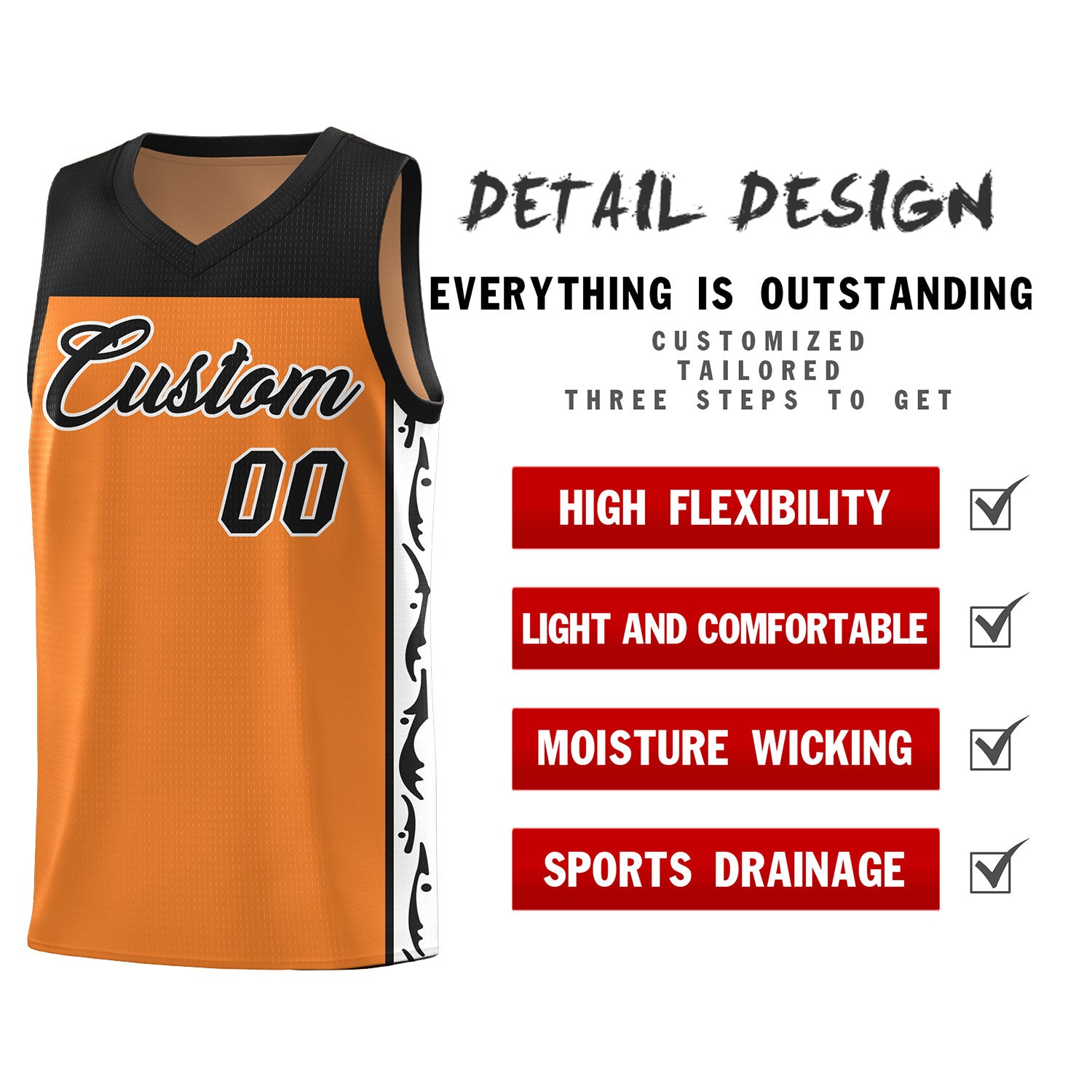 Custom Gold Orange Side Pattern Sports Uniform Basketball Jersey