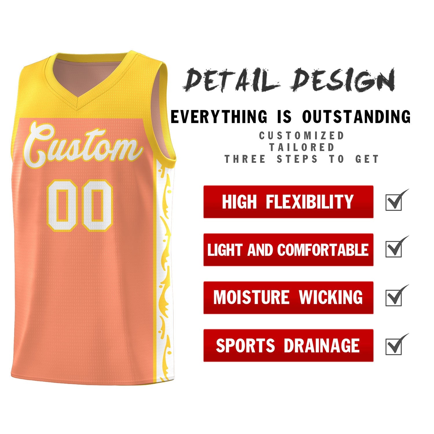 Custom Gold Orange Side Pattern Sports Uniform Basketball Jersey