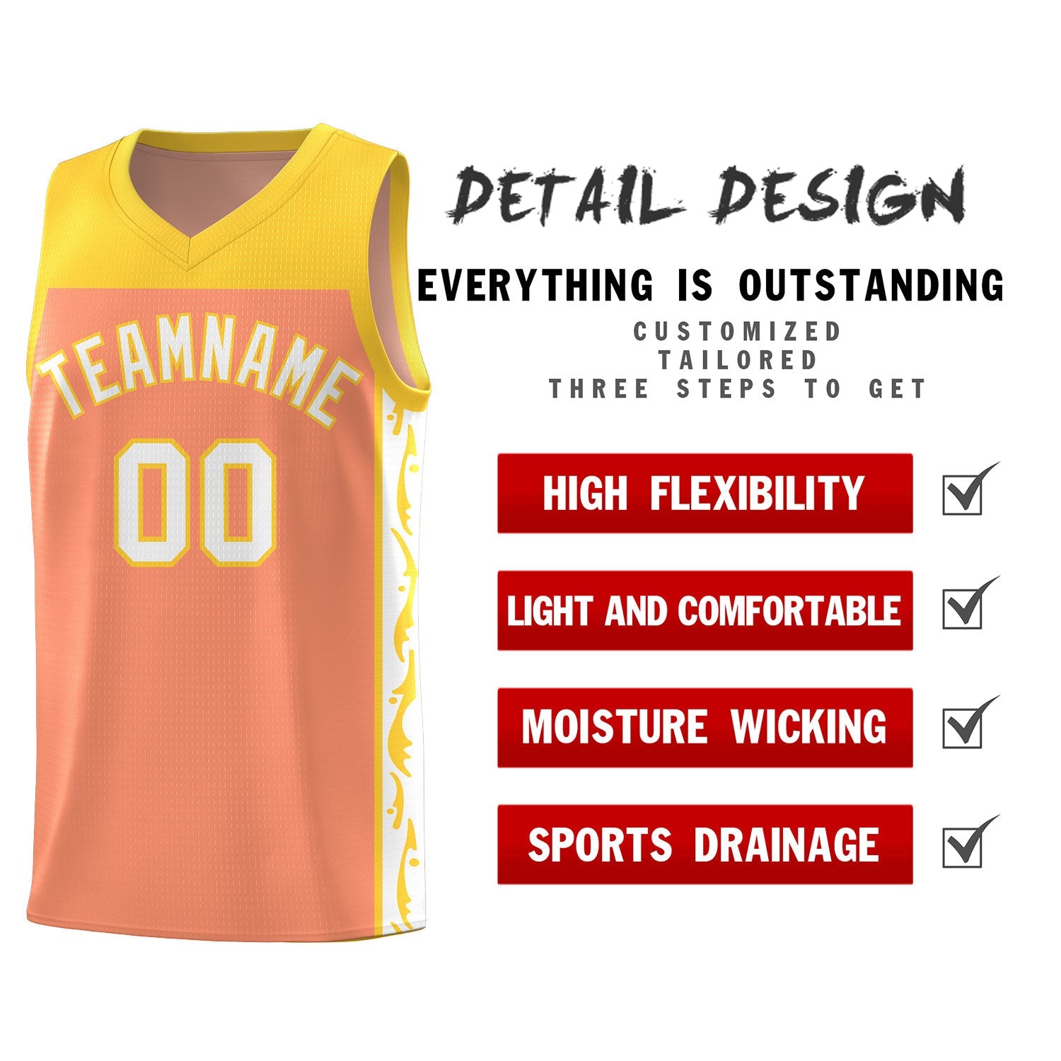 Custom Gold Orange Side Pattern Sports Uniform Basketball Jersey
