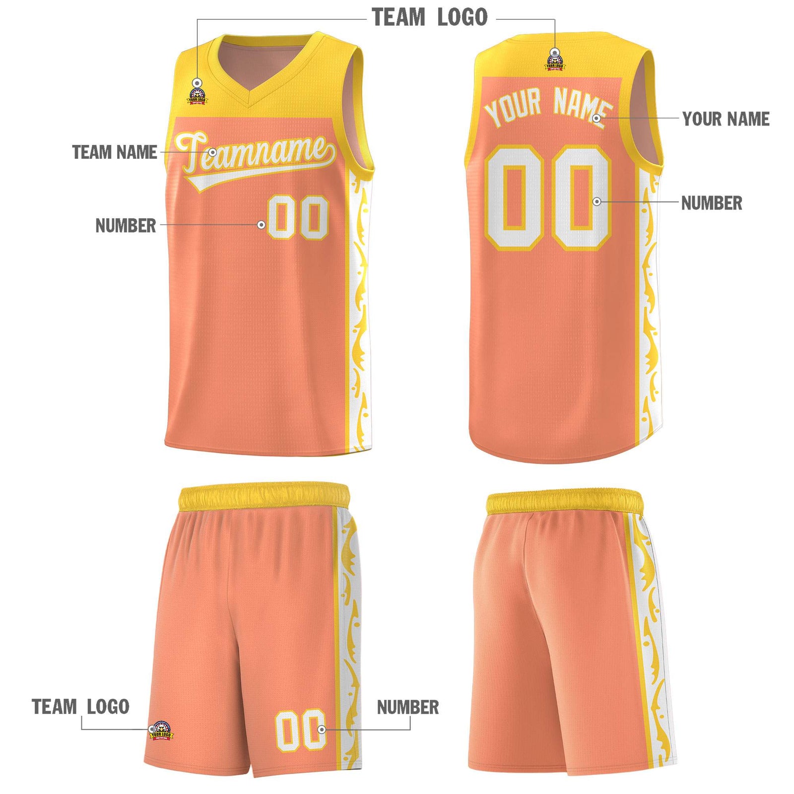 Custom Gold Orange Side Pattern Sports Uniform Basketball Jersey