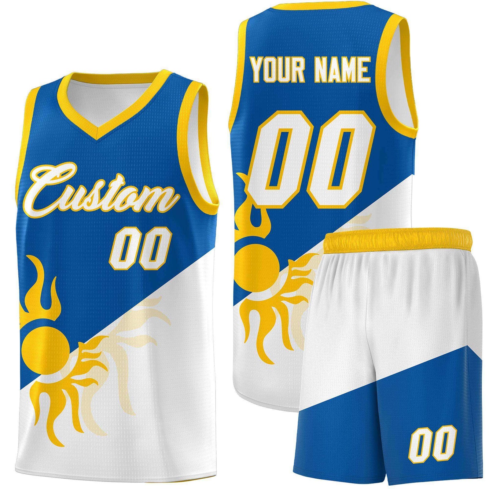 Custom Youth Basketball Jerseys - Royal White Radiant Sun Design Two Tone Uniforms