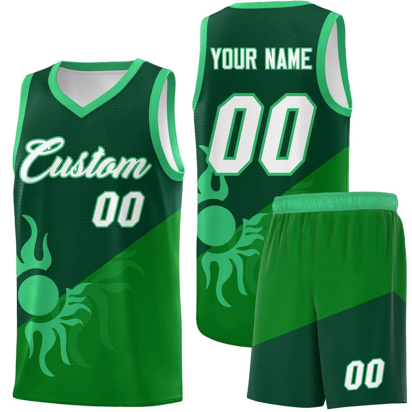 Custom Youth Basketball Jerseys - Kelly Green Kelly Green Sunburst Design Two Tone Uniforms