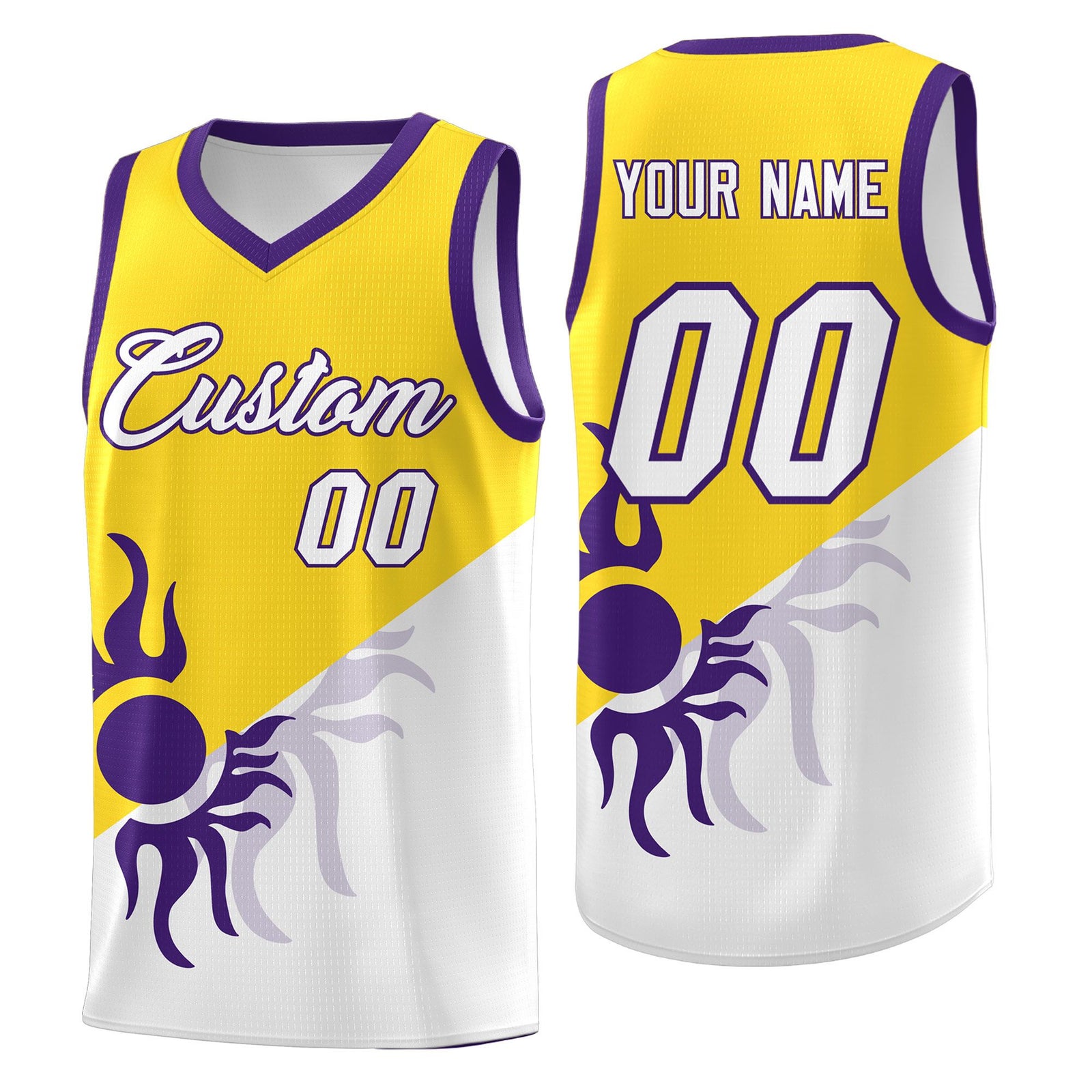 Custom Youth Basketball Jerseys - Gold White Radiant Sun Design Two Tone Uniforms