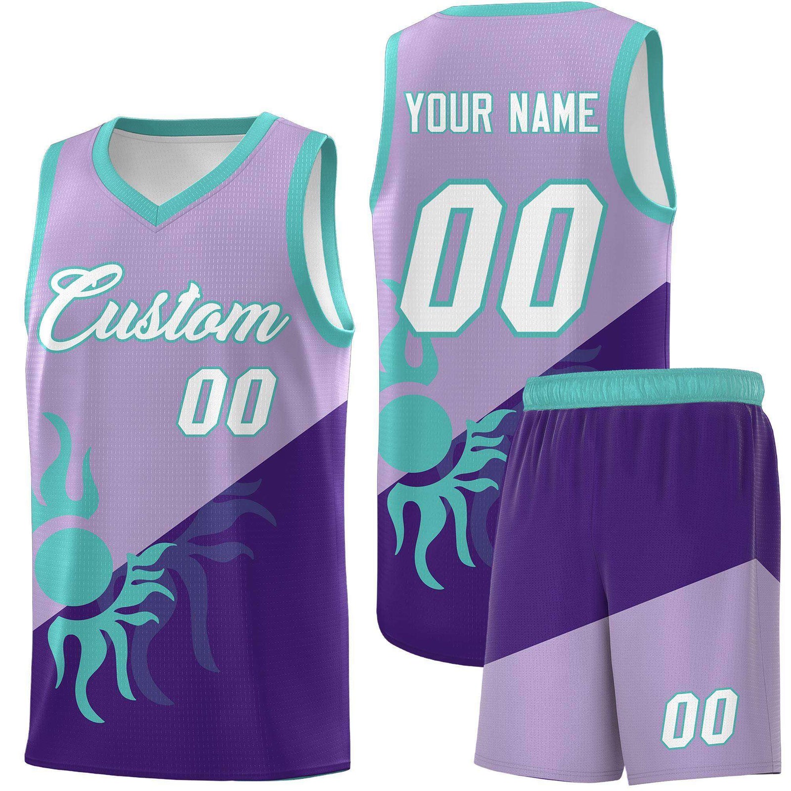Custom Youth Basketball Jerseys - Light Purple Purple Sunburst Design Two Tone Uniforms