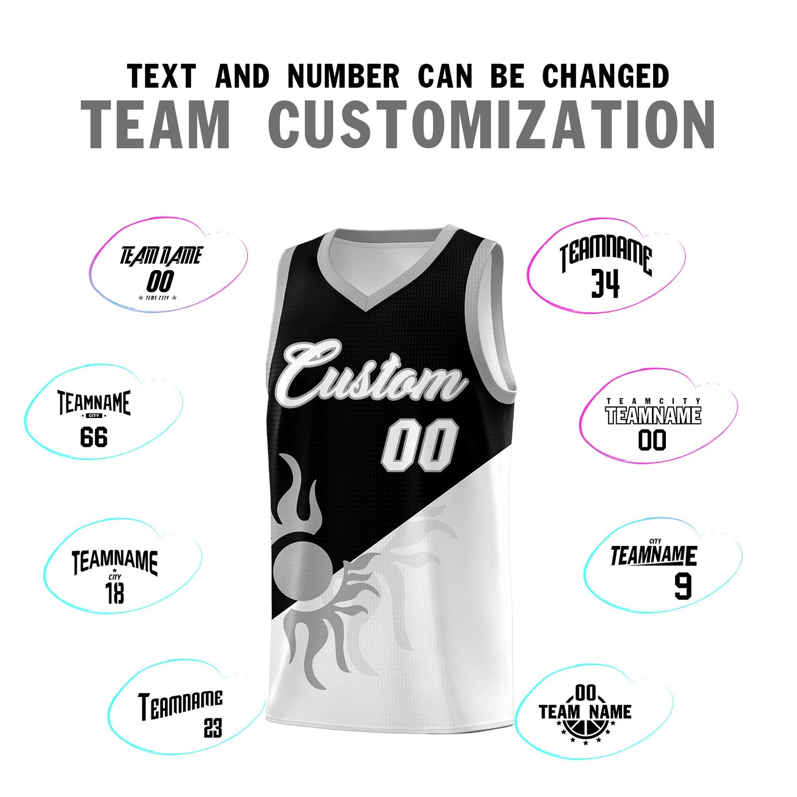 Custom Youth Basketball Jerseys - Black White Radiant Sun Design Two Tone Uniforms