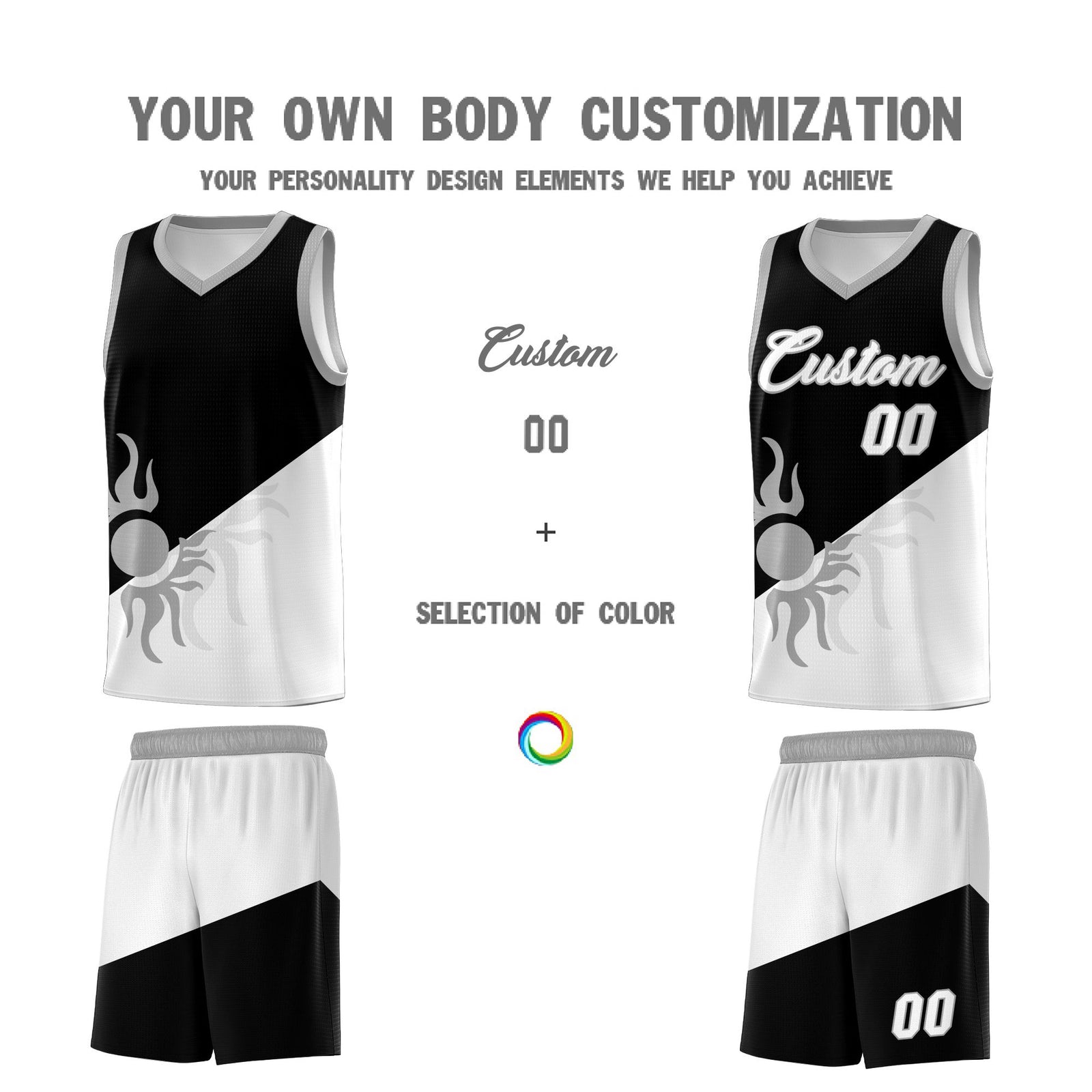 Custom Youth Basketball Jerseys - Black White Radiant Sun Design Two Tone Uniforms